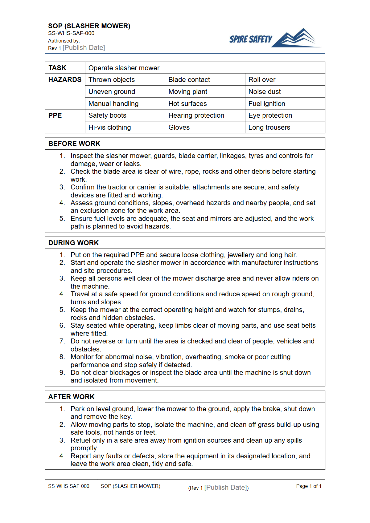 Free Safe Operating Procedure (Slasher Mower) Template — document preview