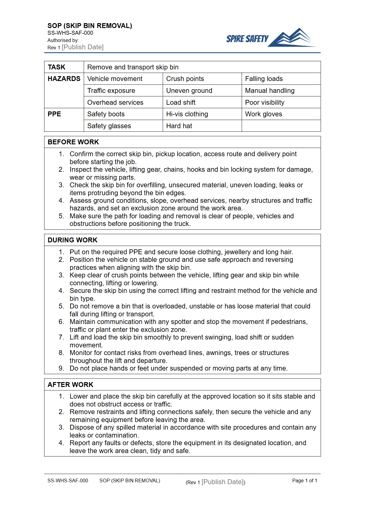 Free Safe Operating Procedure (Skip Bin Removal) Template — document preview