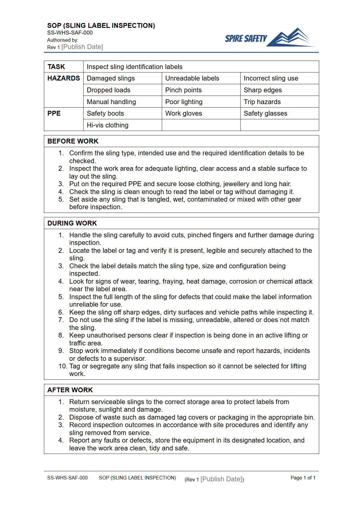 Free Safe Operating Procedure (Sling Label Inspection) Template — document preview