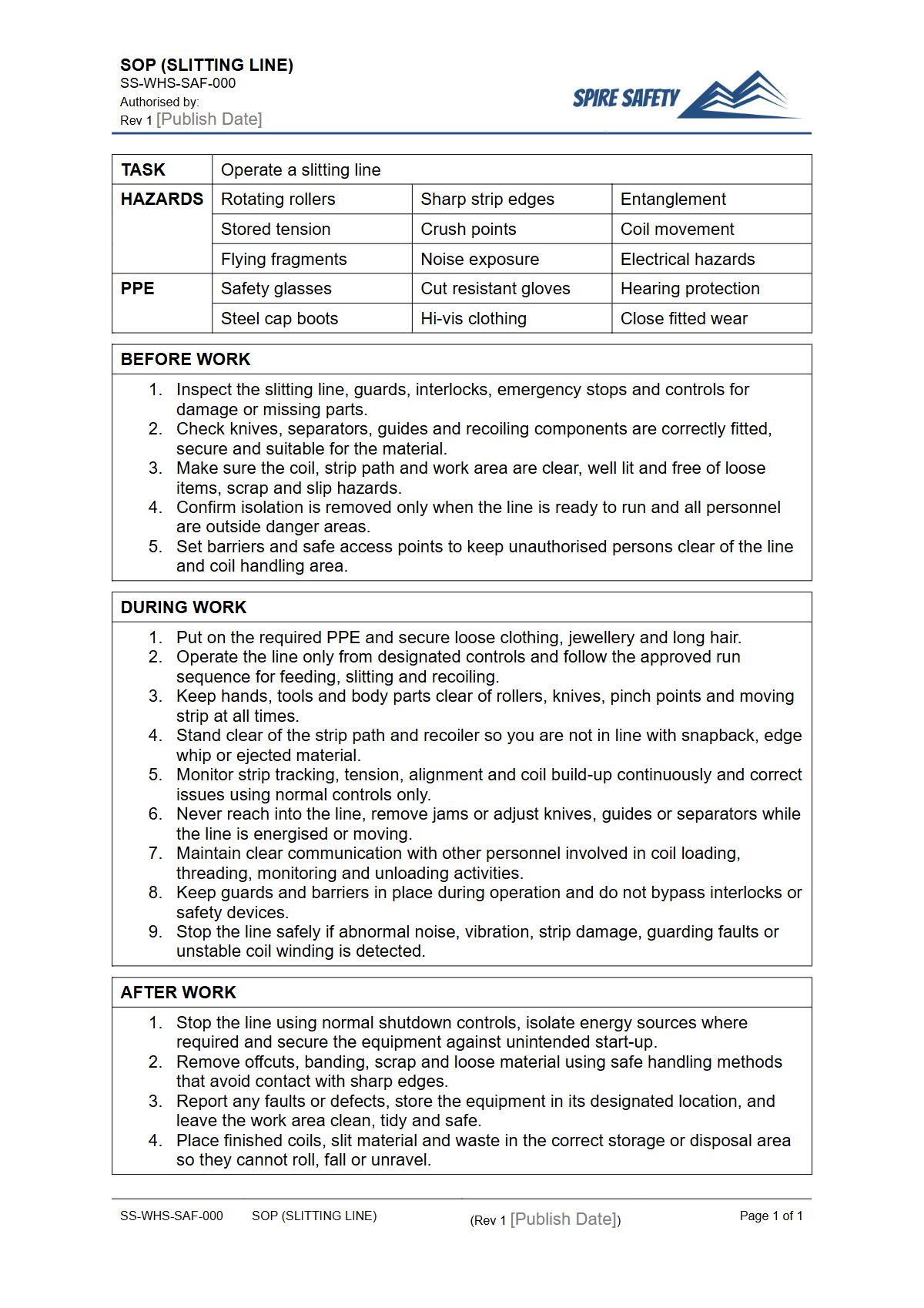 Free Safe Operating Procedure (Slitting Line) Template — document preview
