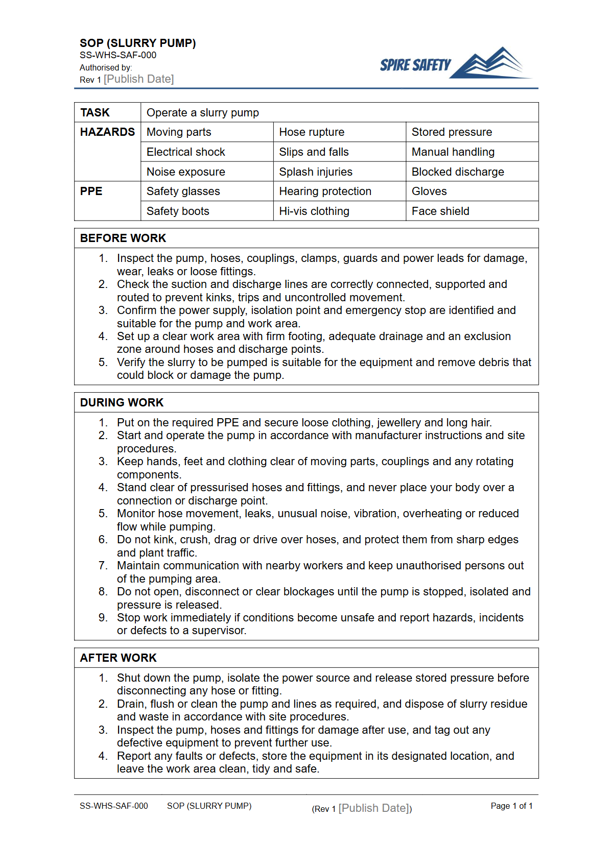 Free Safe Operating Procedure (Slurry Pump) Template — document preview