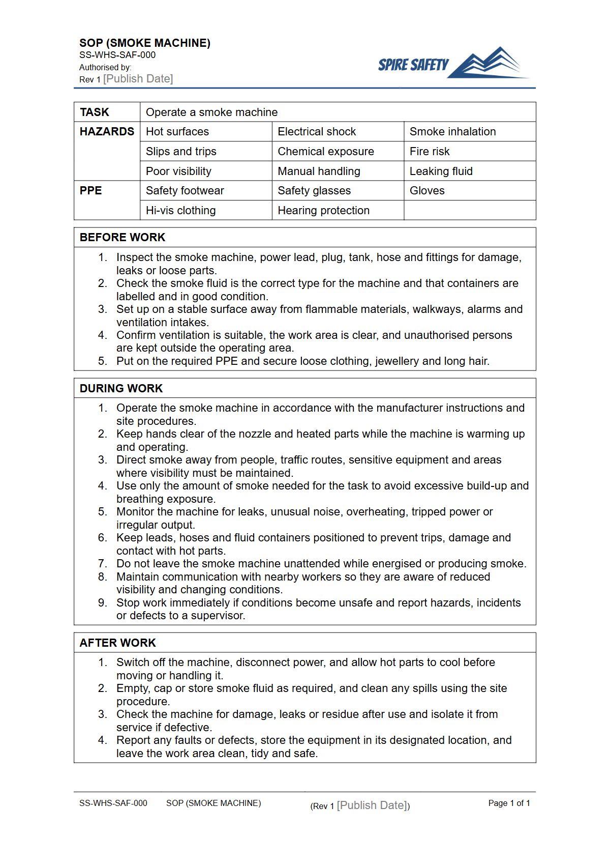 Free Safe Operating Procedure (Smoke Machine) Template — document preview