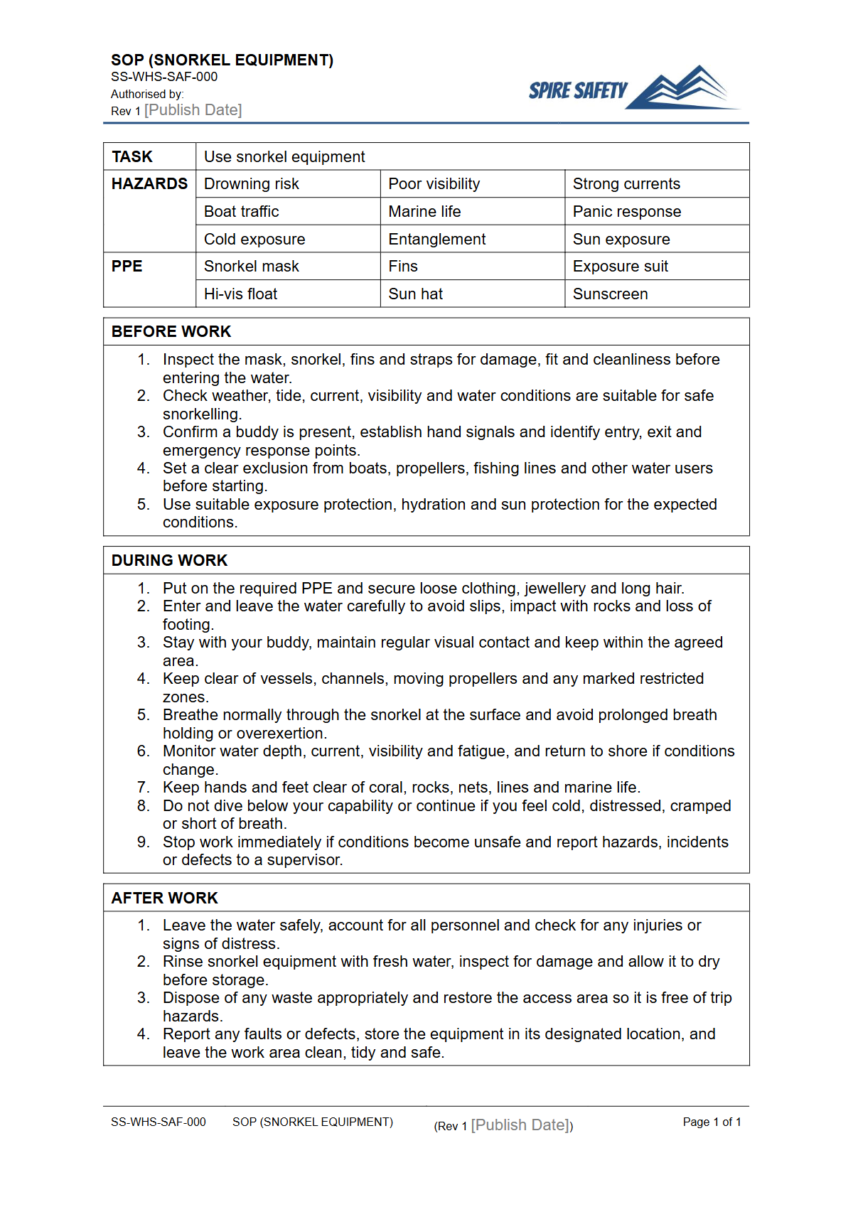 Free Safe Operating Procedure (Snorkel Equipment) Template — document preview