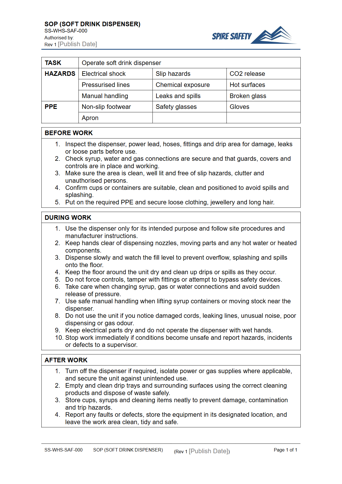 Free Safe Operating Procedure (Soft Drink Dispenser) Template — document preview