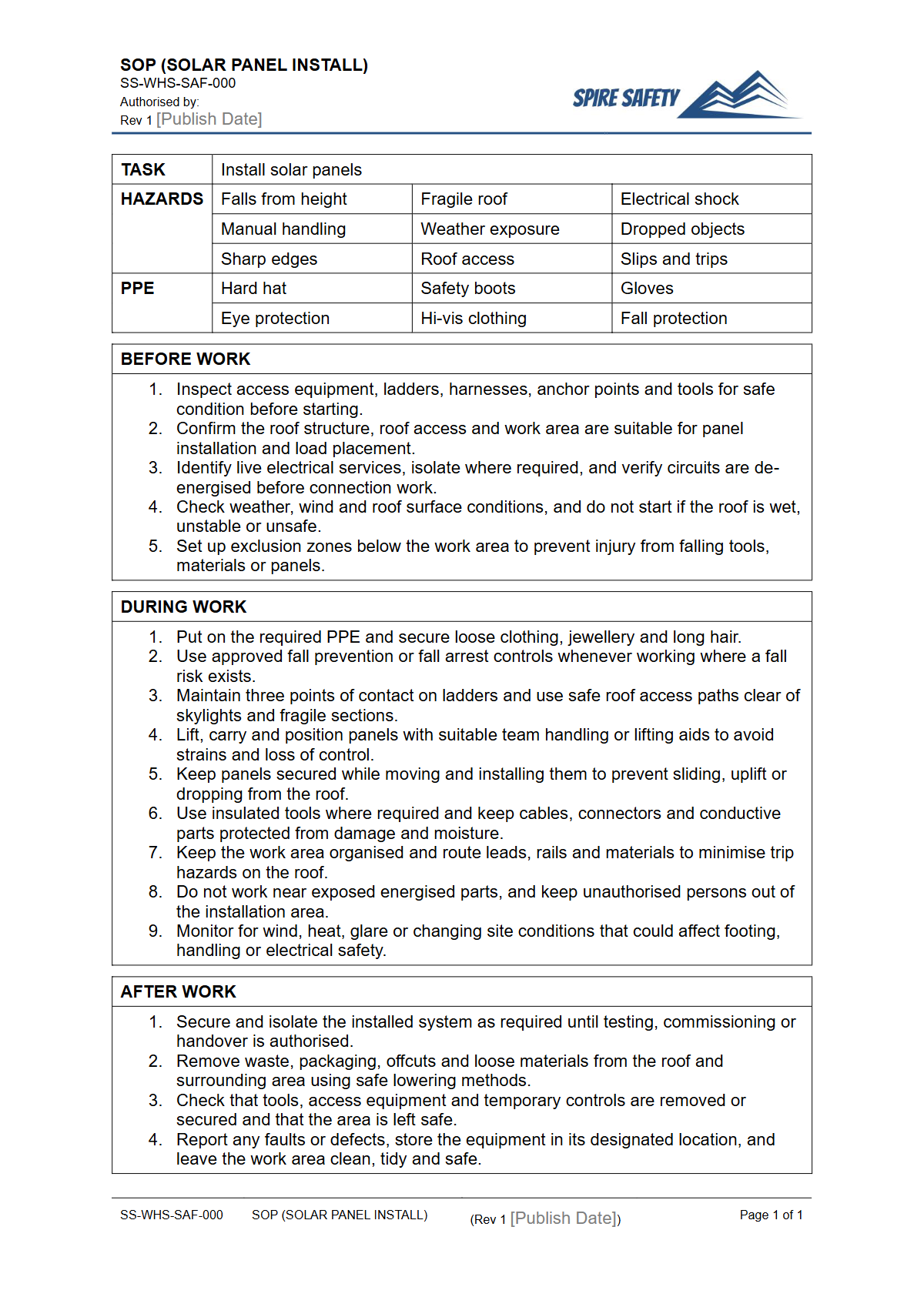 Free Safe Operating Procedure (Solar Panel Install) Template — document preview