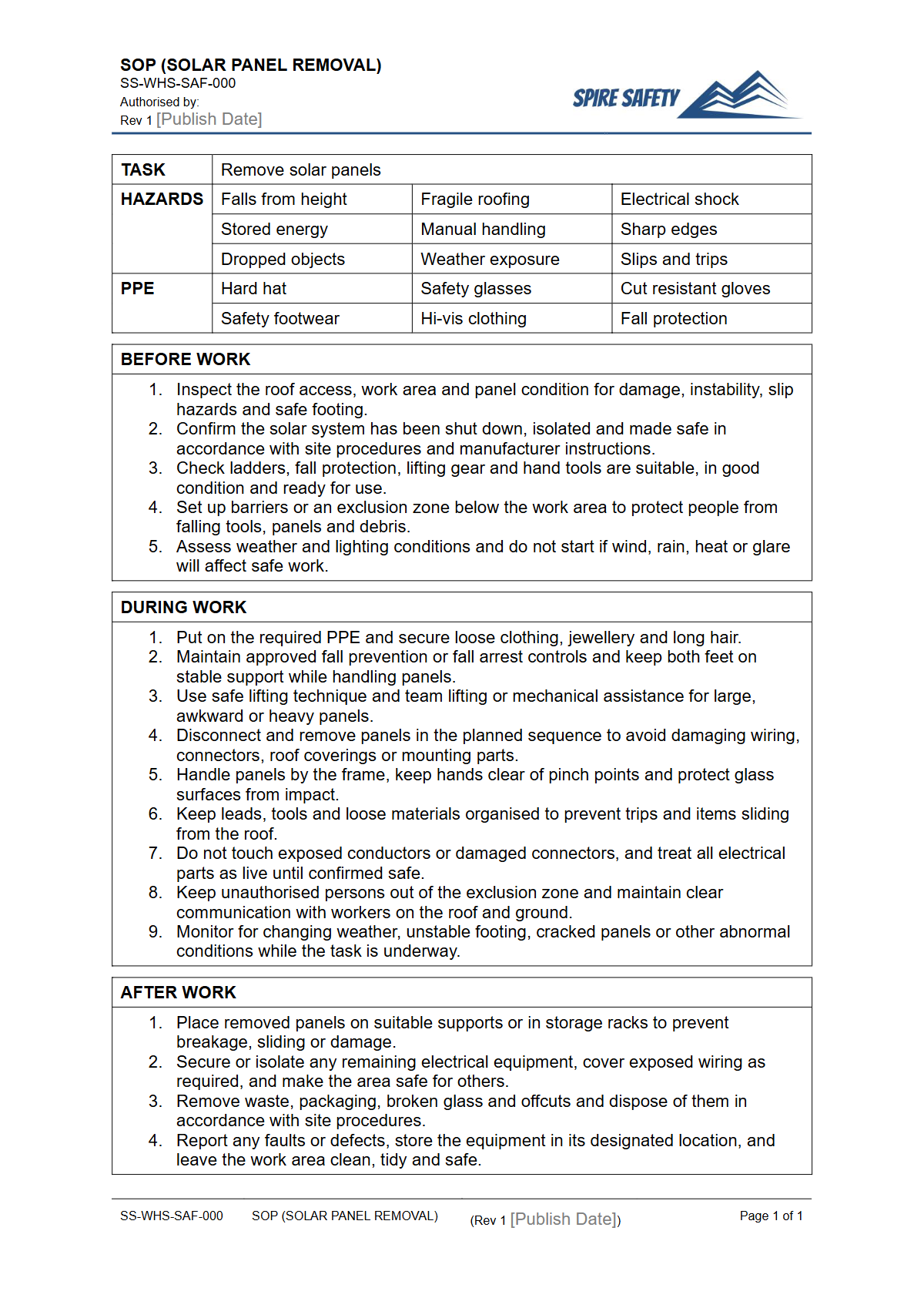 Free Safe Operating Procedure (Solar Panel Removal) Template — document preview