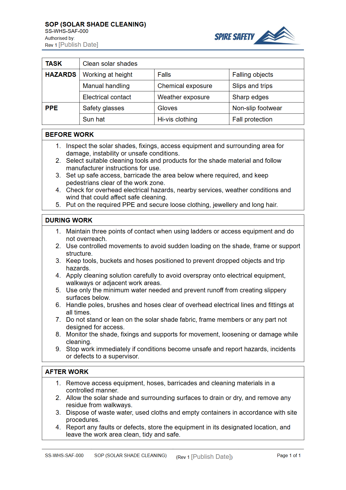 Free Safe Operating Procedure (Solar Shade Cleaning) Template — document preview