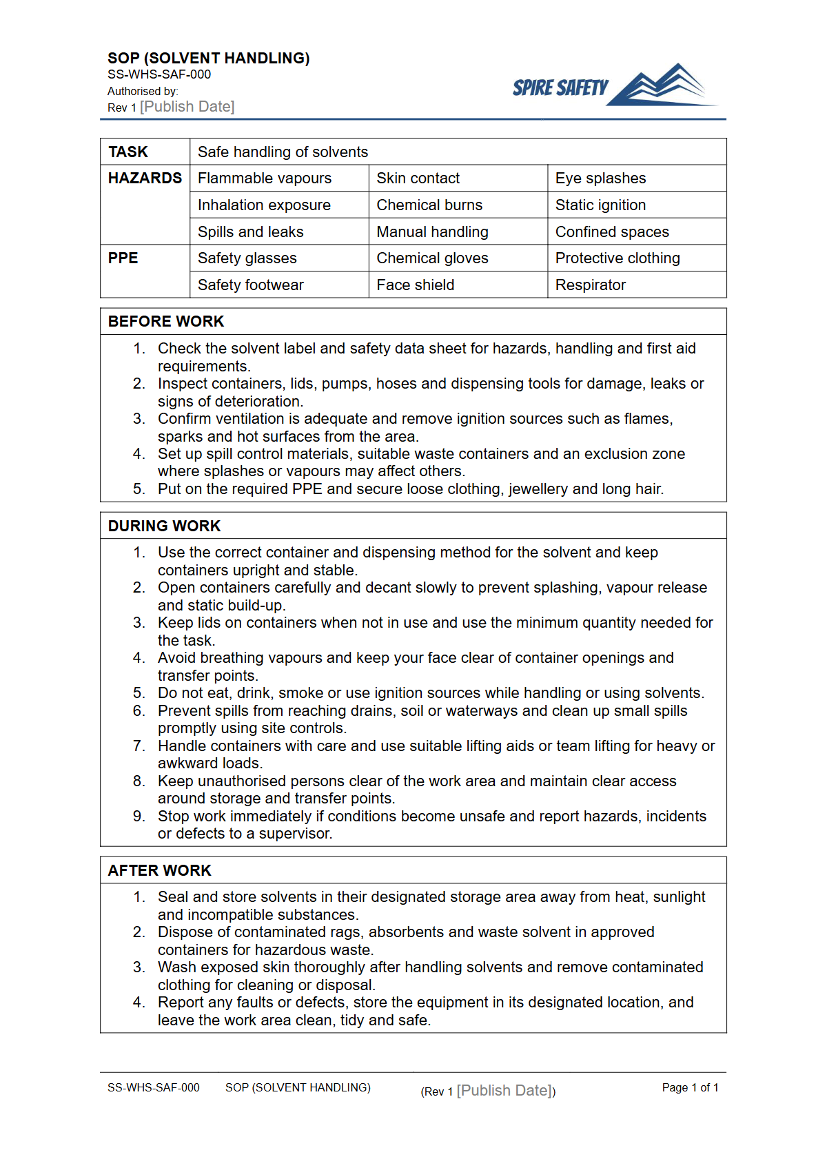 Free Safe Operating Procedure (Solvent Handling) Template — document preview