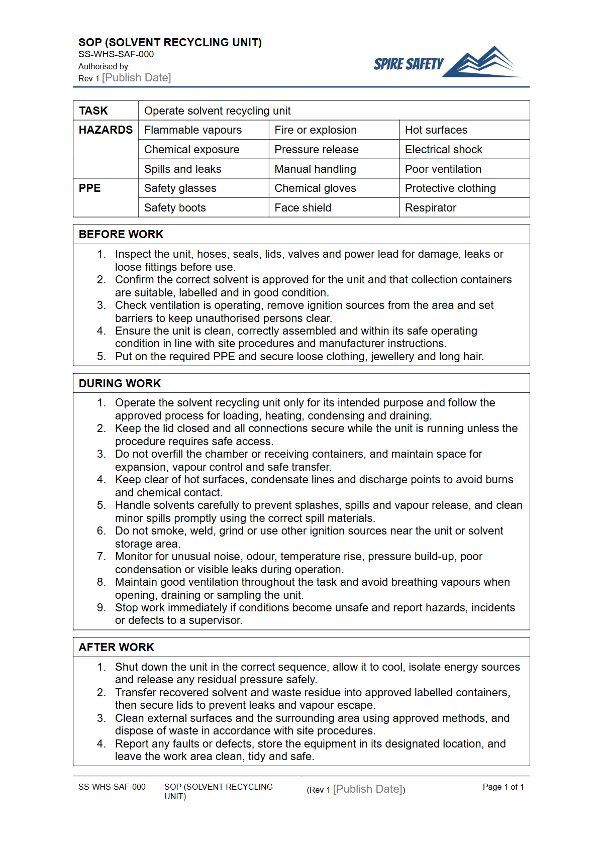 Free Safe Operating Procedure (Solvent Recycling Unit) Template — document preview
