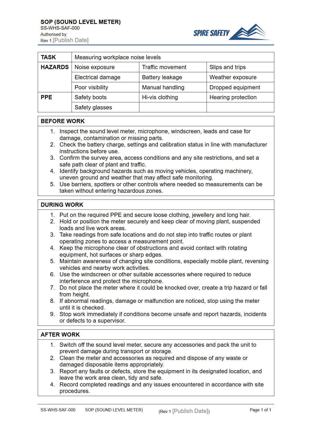 Free Safe Operating Procedure (Sound Level Meter) Template — document preview