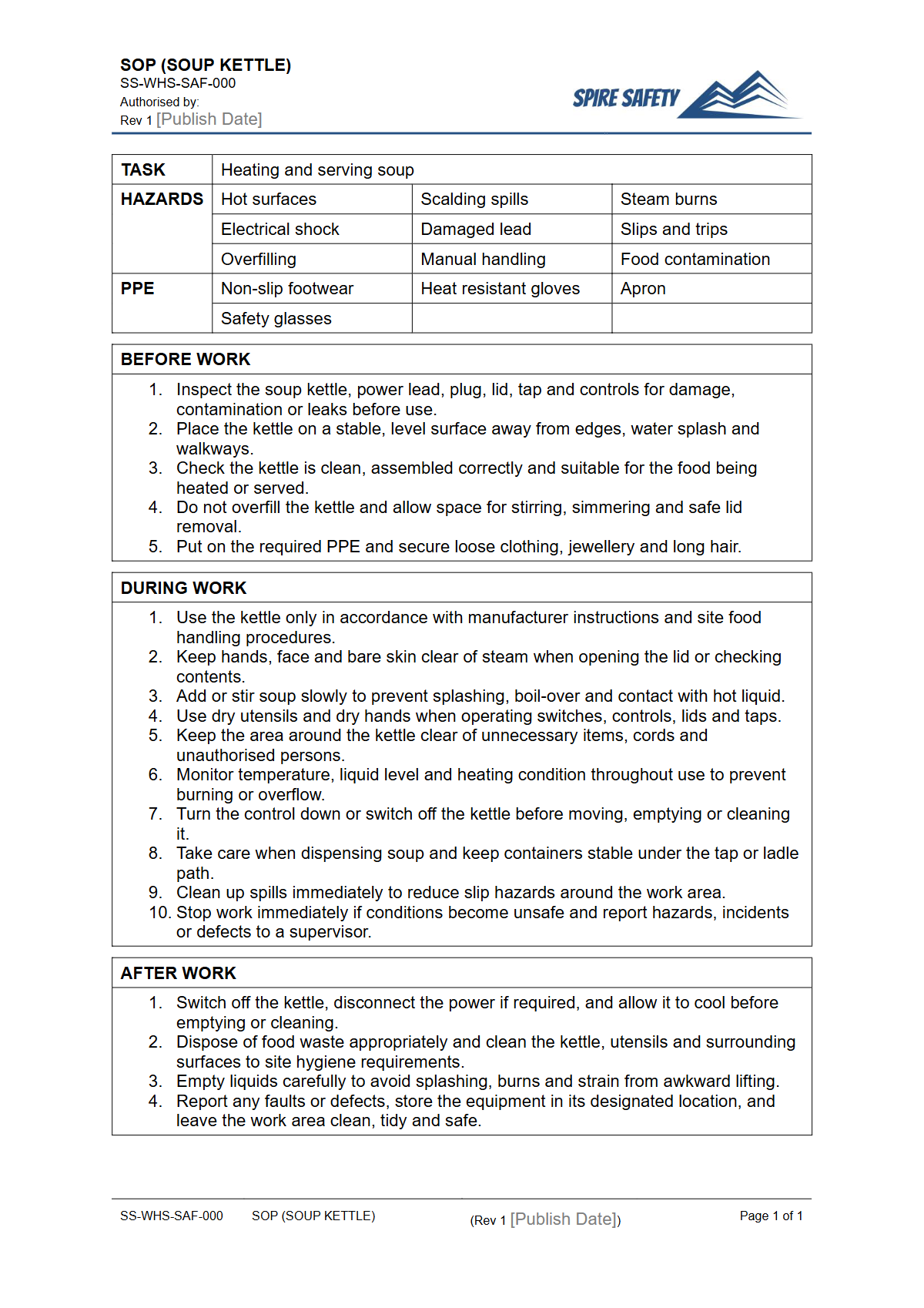 Free Safe Operating Procedure (Soup Kettle) Template — document preview