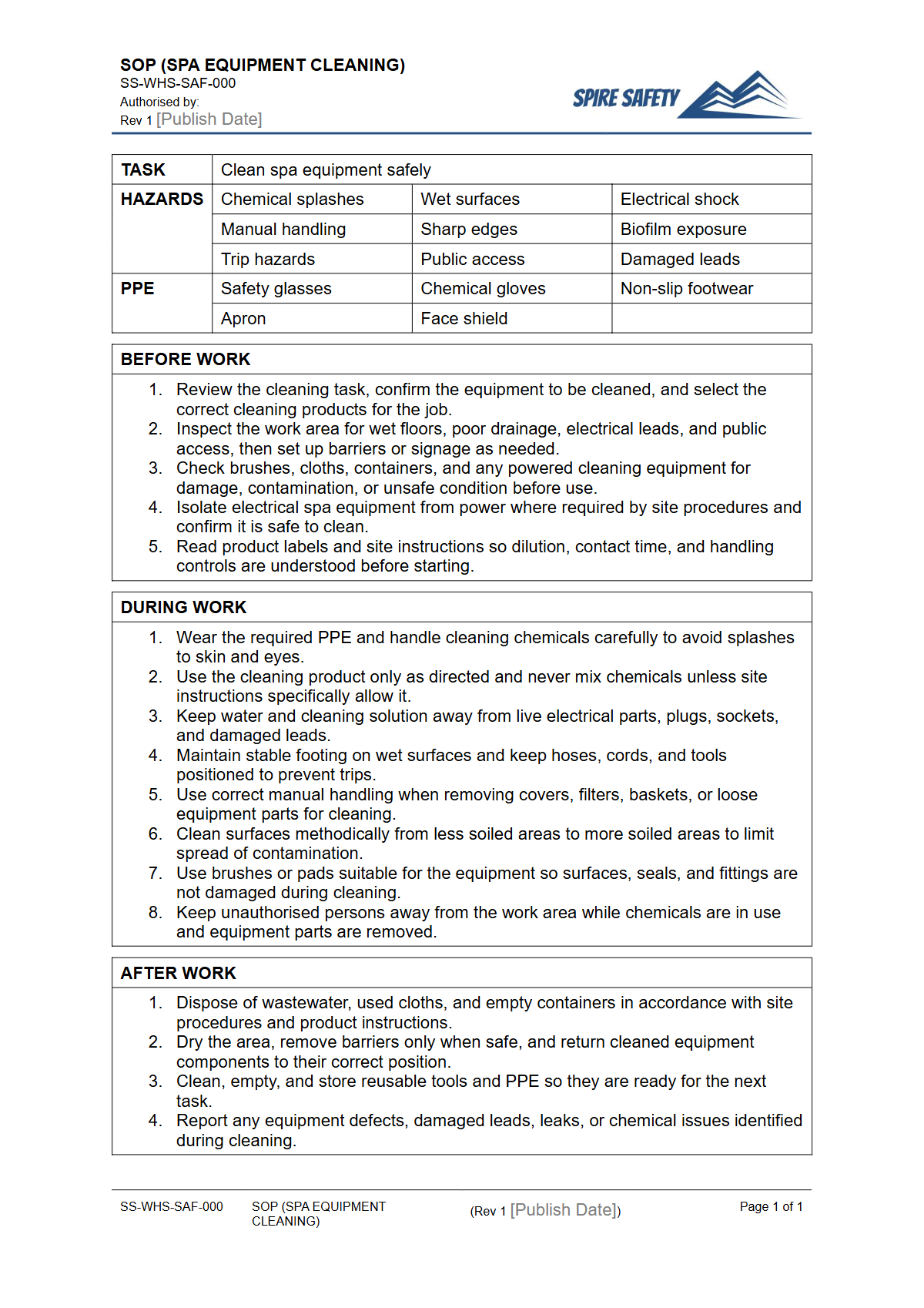Free Safe Operating Procedure (Spa Equipment Cleaning) Template — document preview