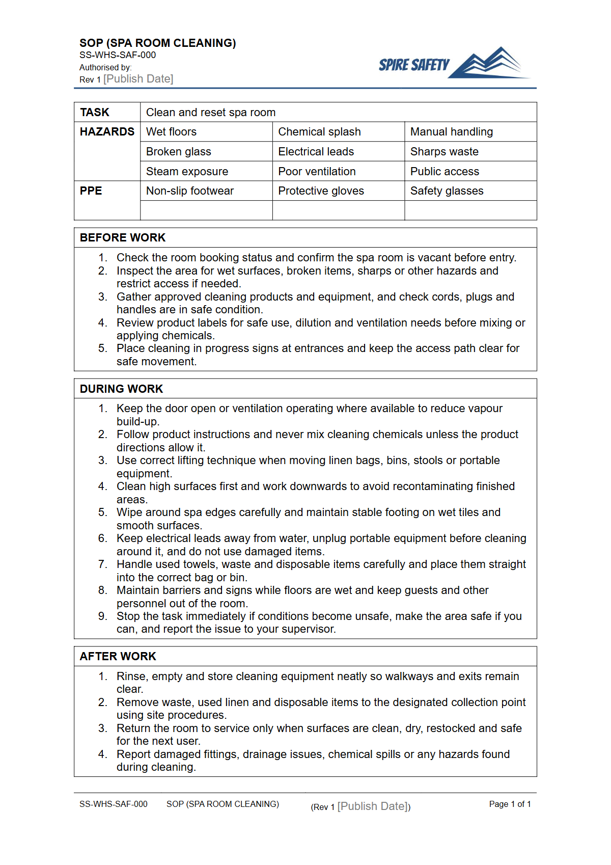 Free Safe Operating Procedure (Spa Room Cleaning) Template — document preview