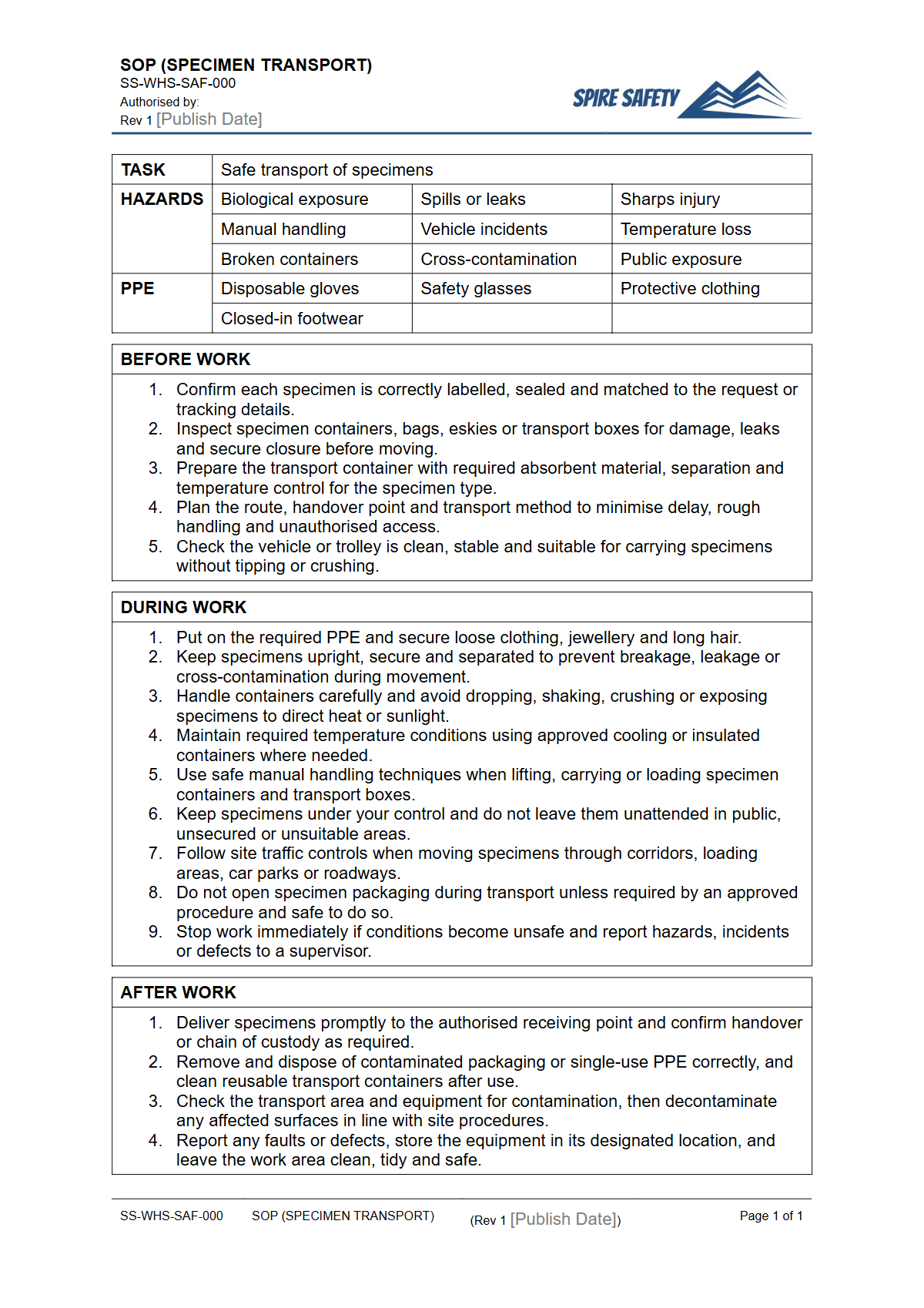Free Safe Operating Procedure (Specimen Transport) Template — document preview