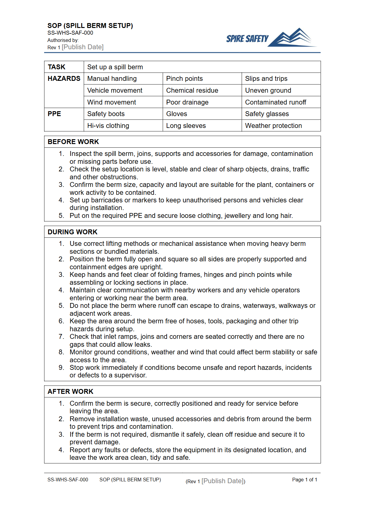 Free Safe Operating Procedure (Spill Berm Setup) Template — document preview