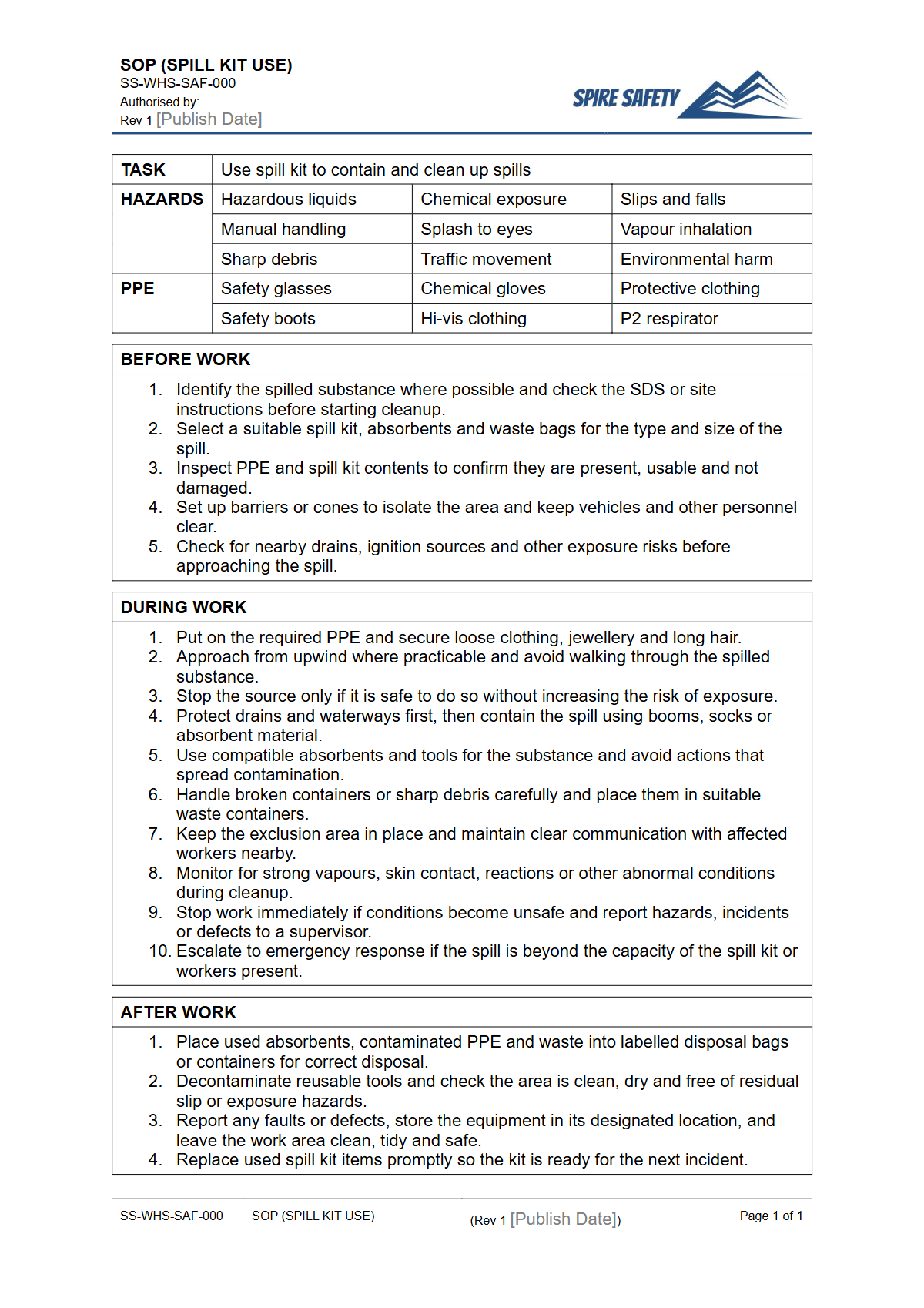 Free Safe Operating Procedure (Spill Kit Use) Template — document preview