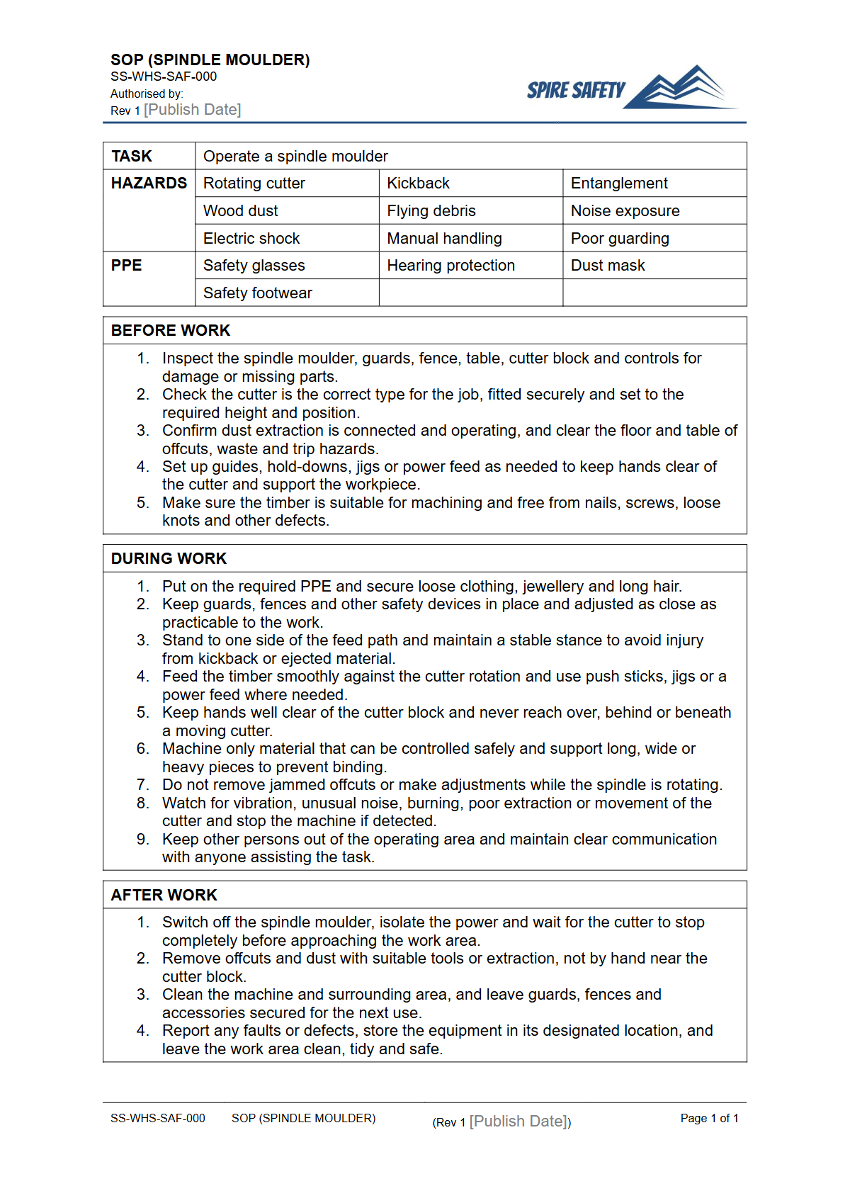 Free Safe Operating Procedure (Spindle Moulder) Template — document preview