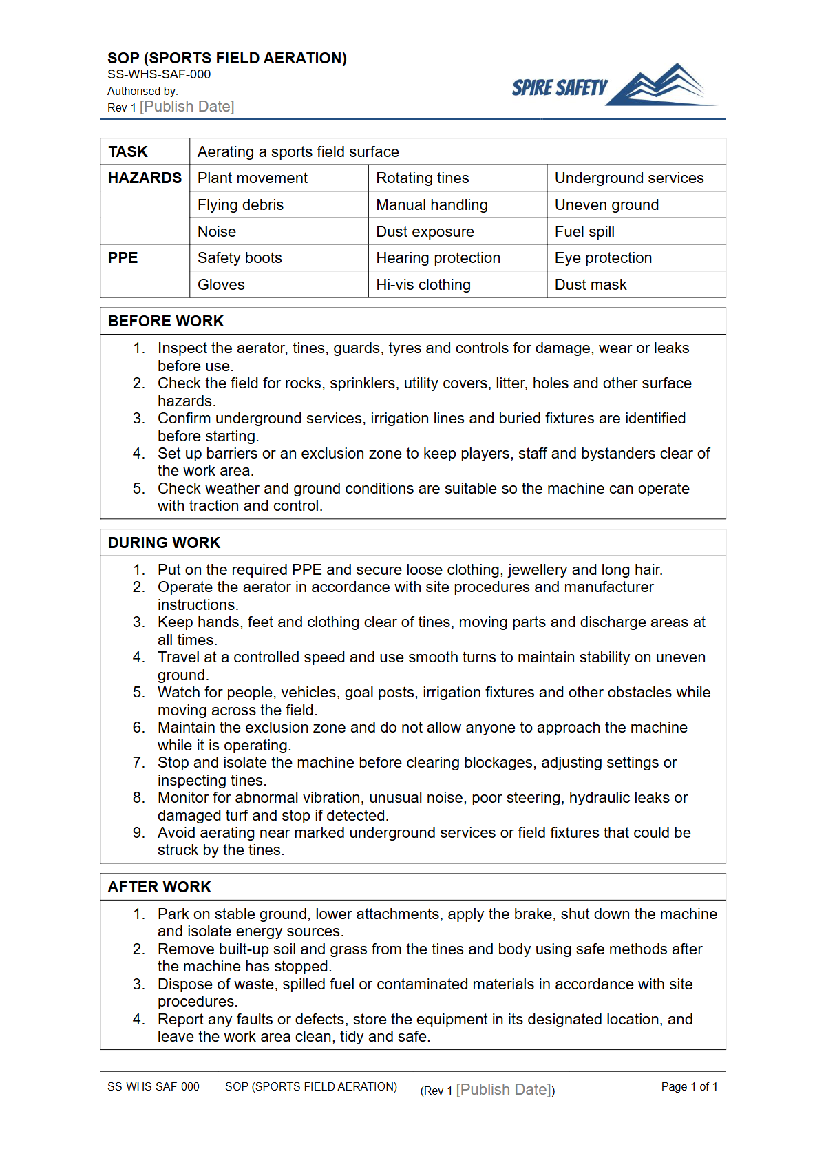 Free Safe Operating Procedure (Sports Field Aeration) Template — document preview