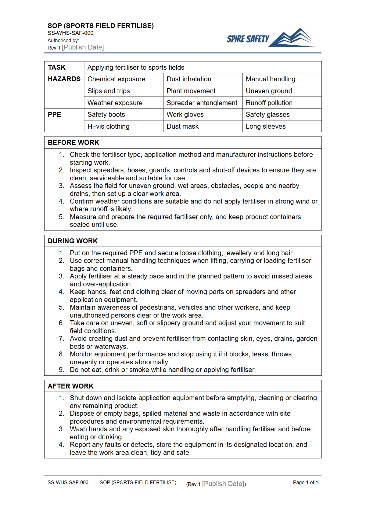Free Safe Operating Procedure (Sports Field Fertilise) Template — document preview