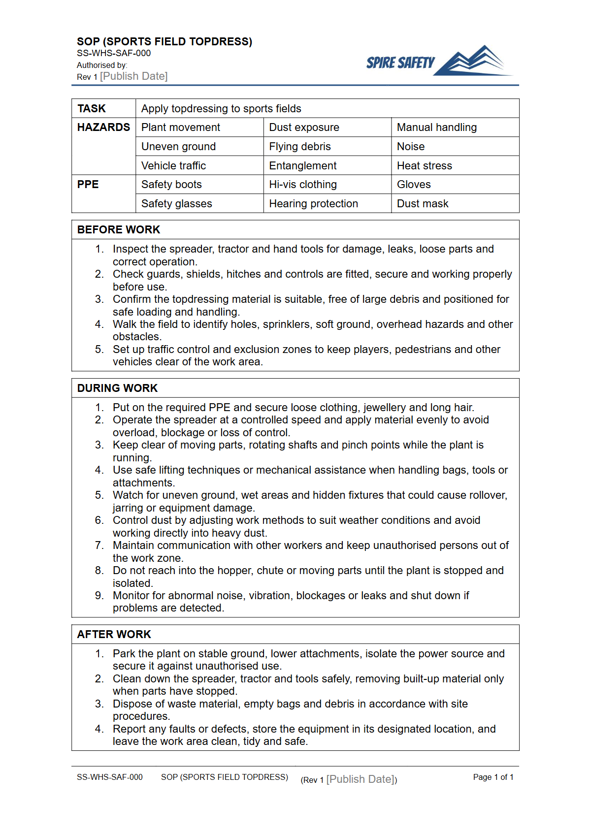 Free Safe Operating Procedure (Sports Field Topdress) Template — document preview