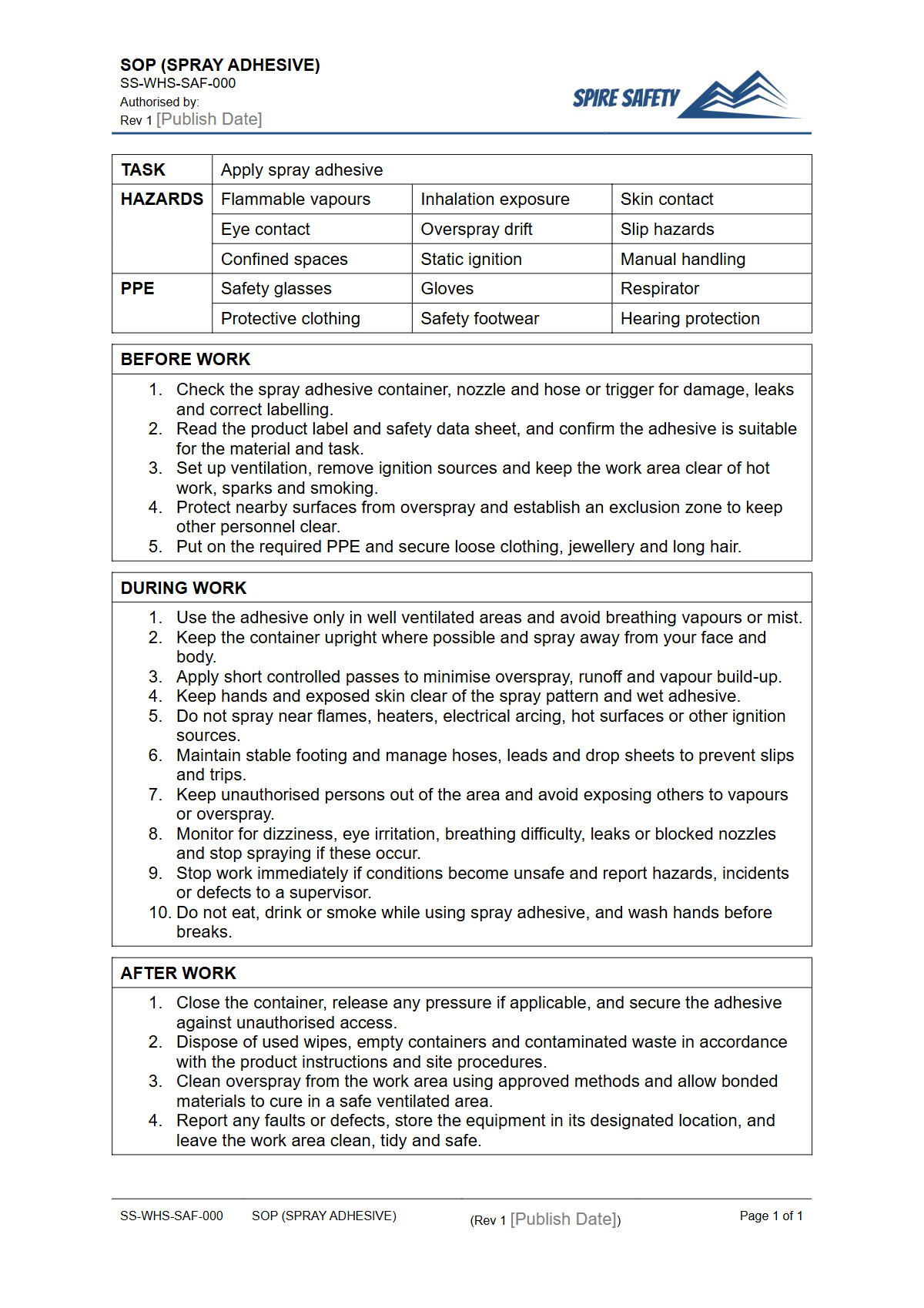 Free Safe Operating Procedure (Spray Adhesive) Template — document preview