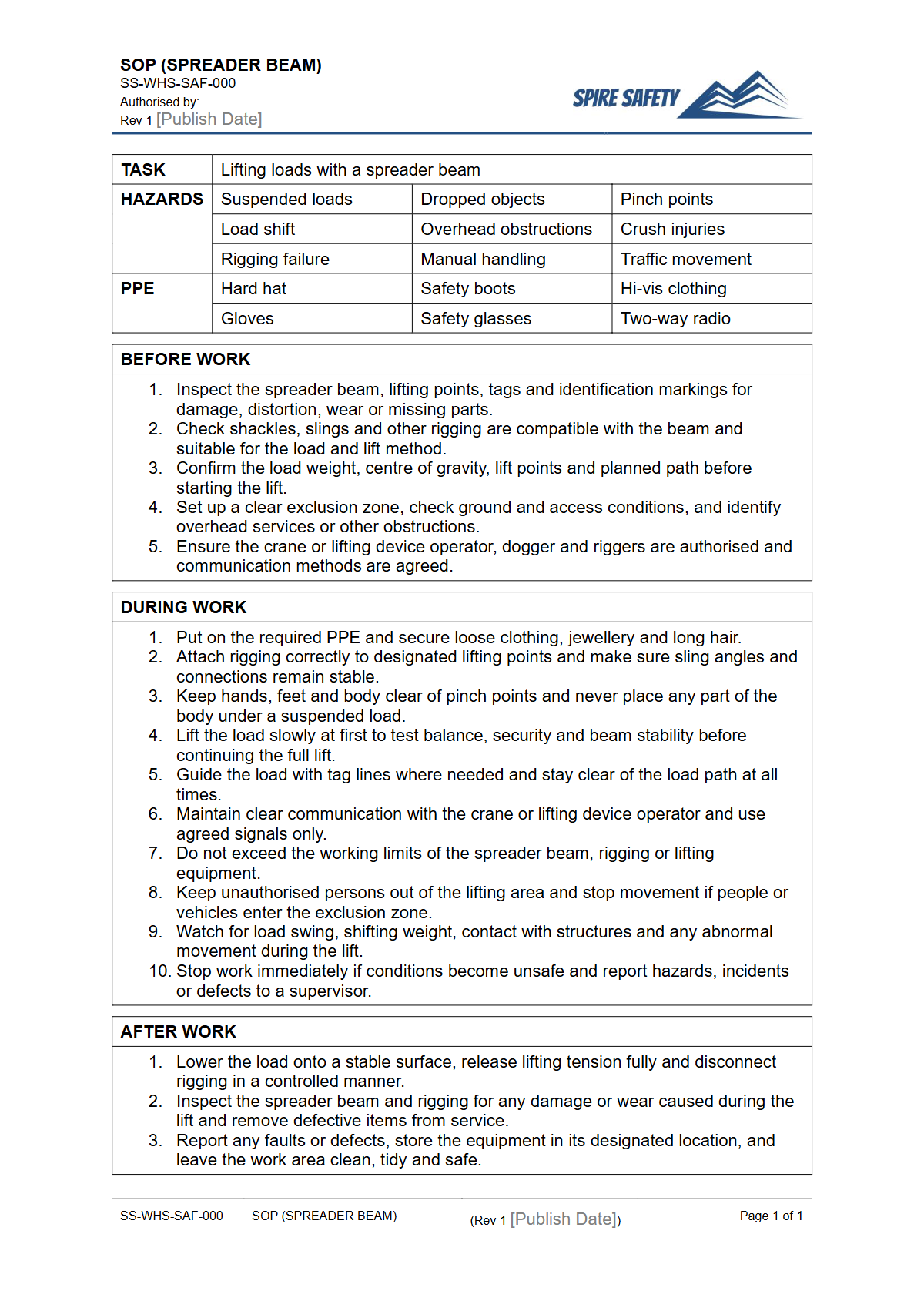 Free Safe Operating Procedure (Spreader Beam) Template — document preview