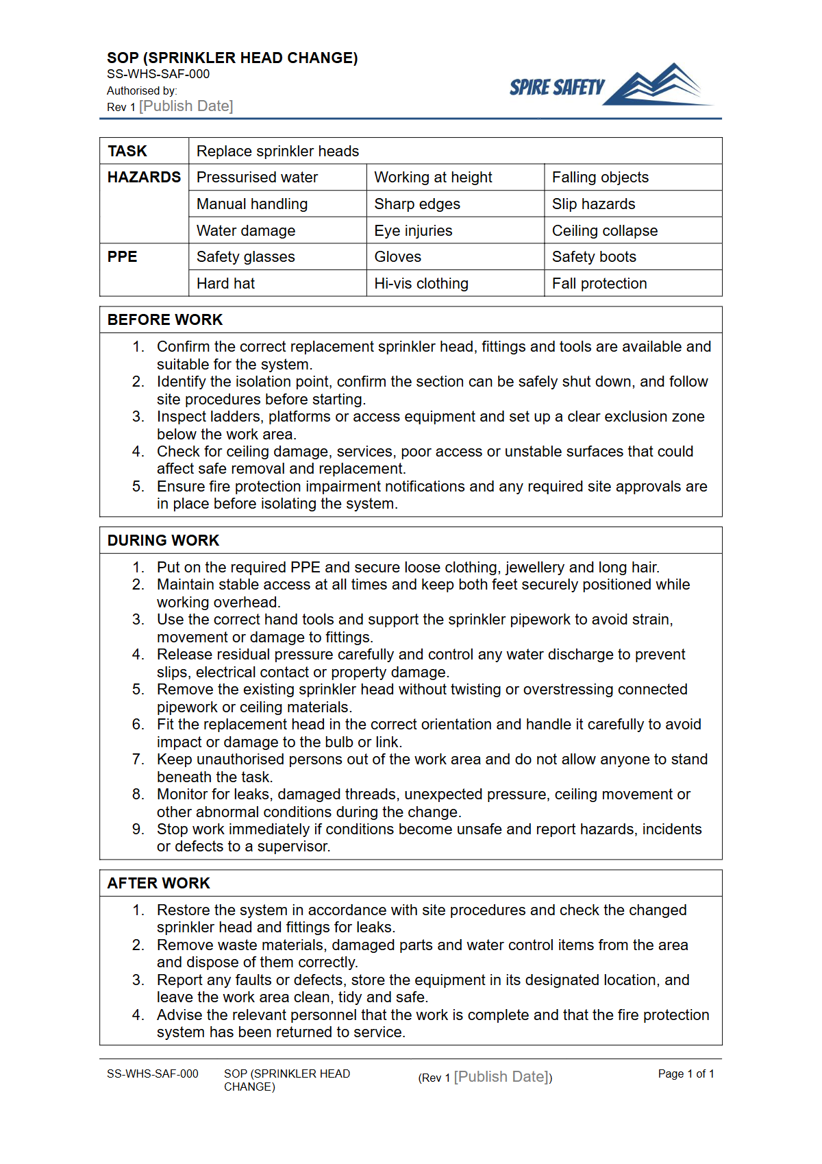 Free Safe Operating Procedure (Sprinkler Head Change) Template — document preview