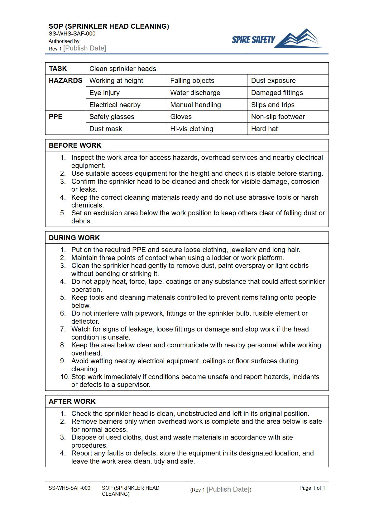 Free Safe Operating Procedure (Sprinkler Head Cleaning) Template — document preview