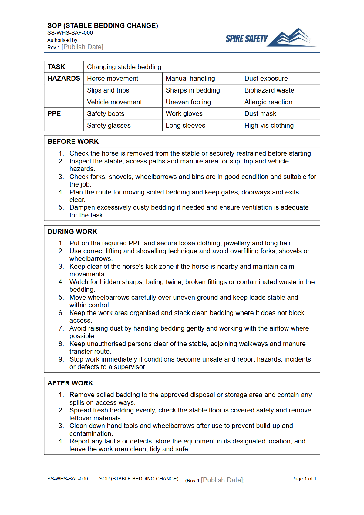 Free Safe Operating Procedure (Stable Bedding Change) Template — document preview