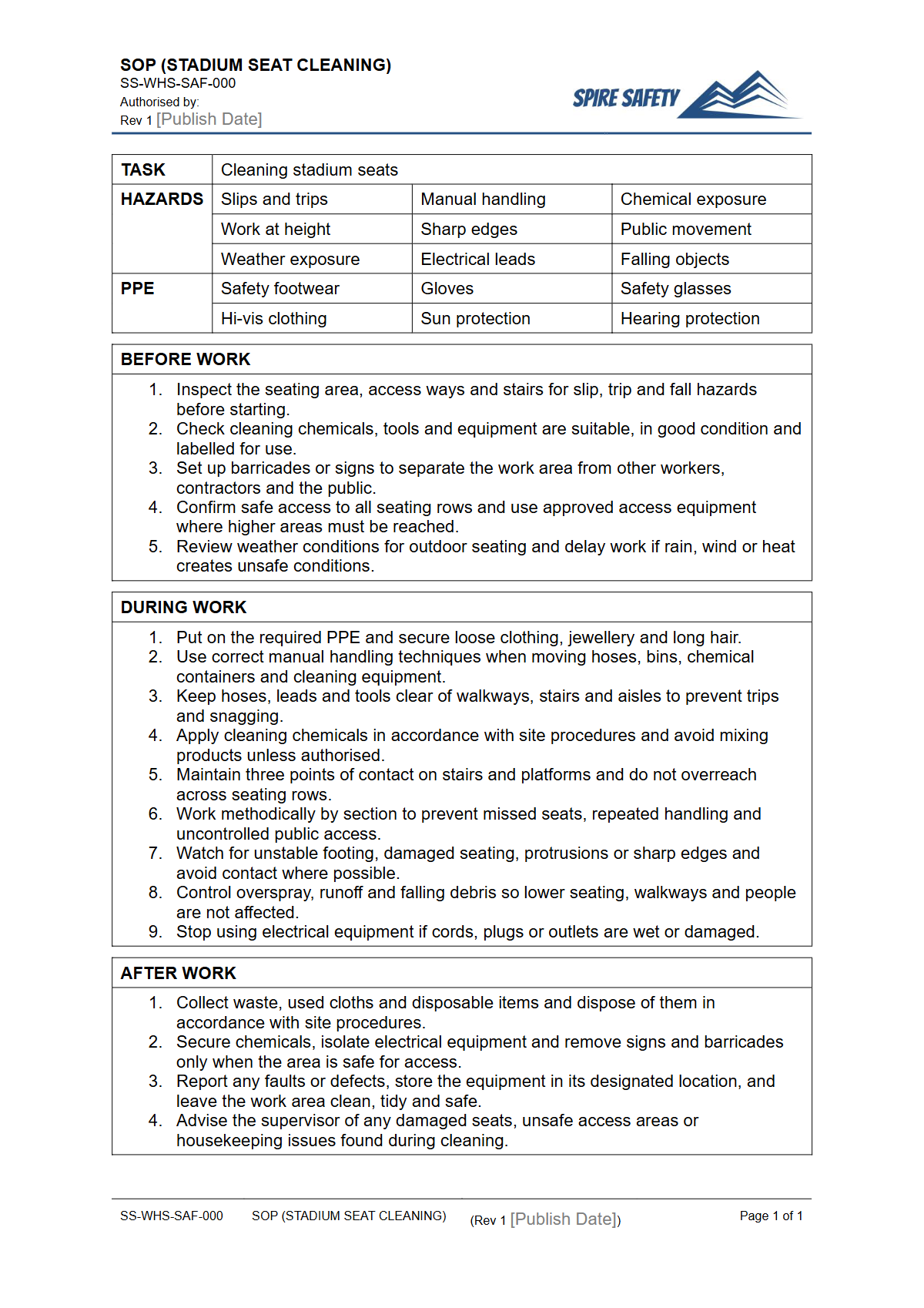 Free Safe Operating Procedure (Stadium Seat Cleaning) Template — document preview