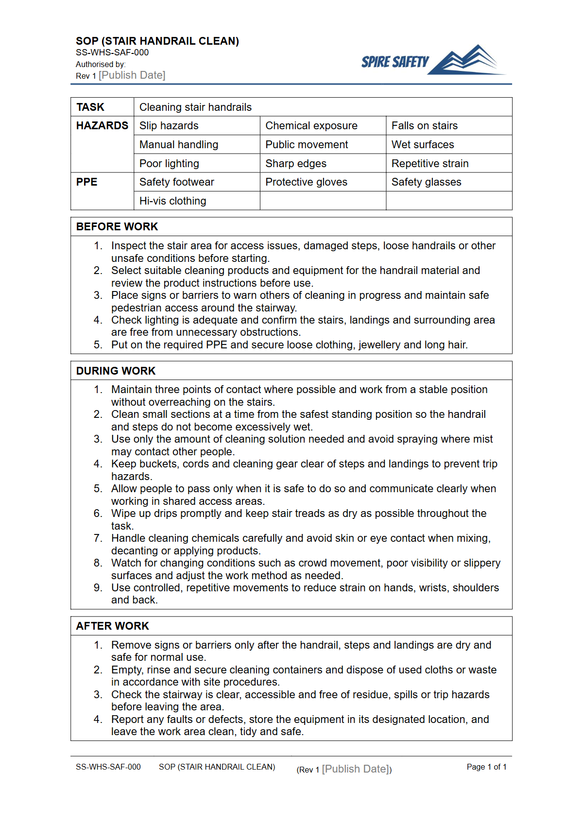 Free Safe Operating Procedure (Stair Handrail Clean) Template — document preview