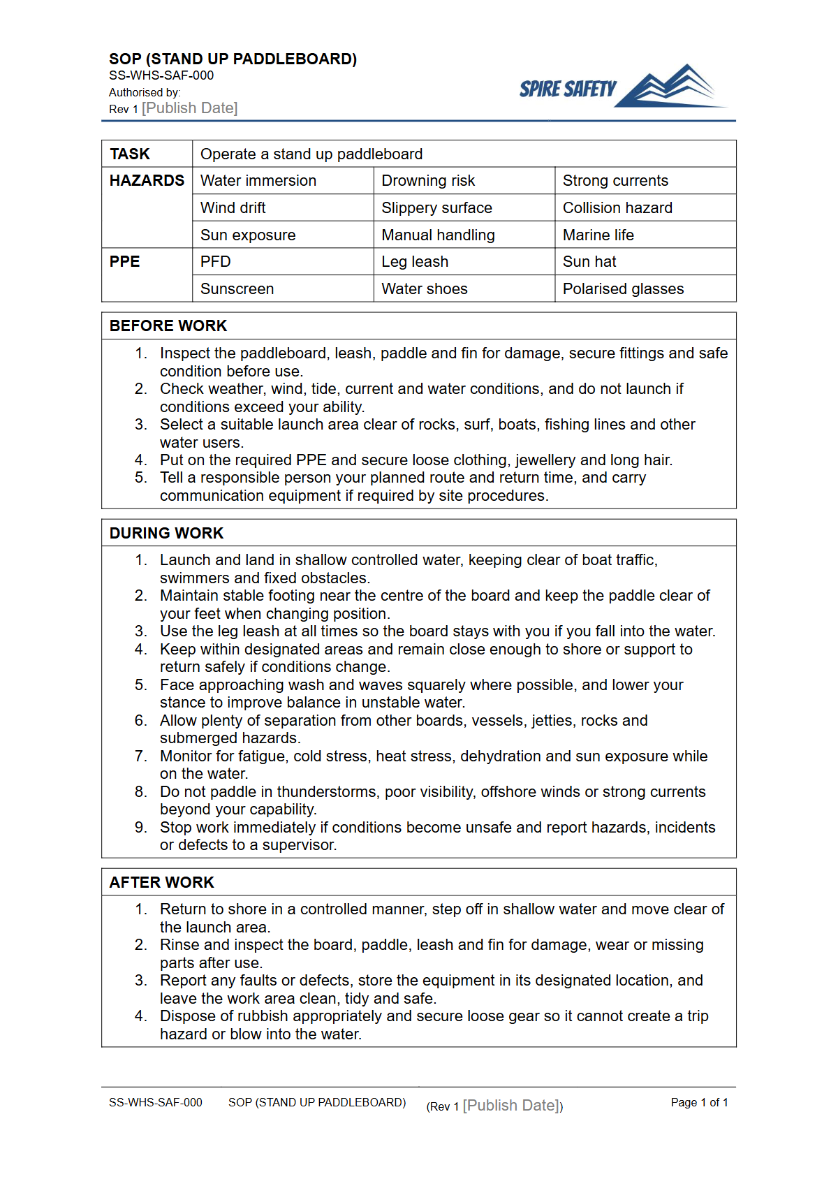 Free Safe Operating Procedure (Stand Up Paddleboard) Template — document preview