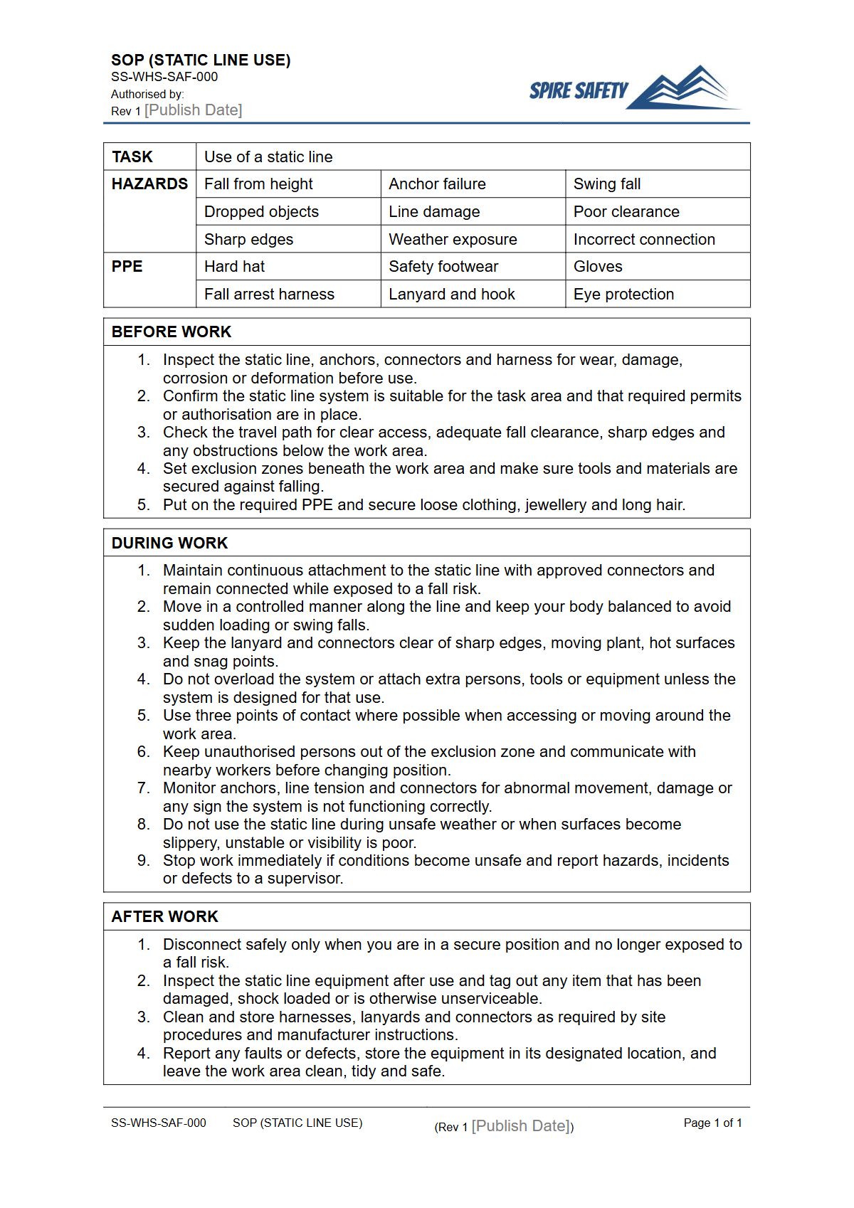Free Safe Operating Procedure (Static Line Use) Template — document preview
