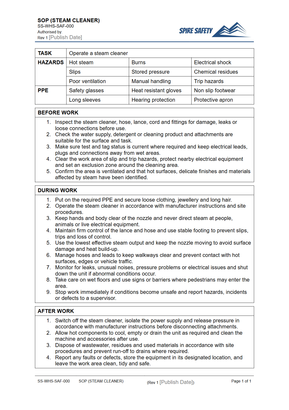 Free Safe Operating Procedure (Steam Cleaner) Template — document preview