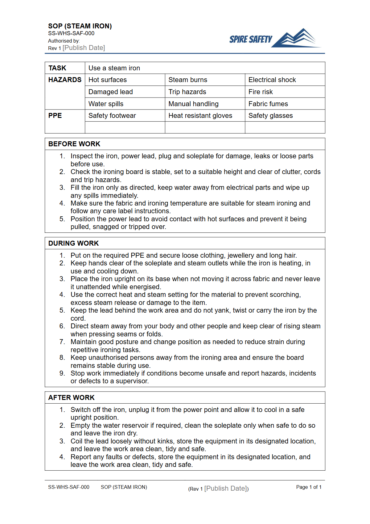 Free Safe Operating Procedure (Steam Iron) Template — document preview