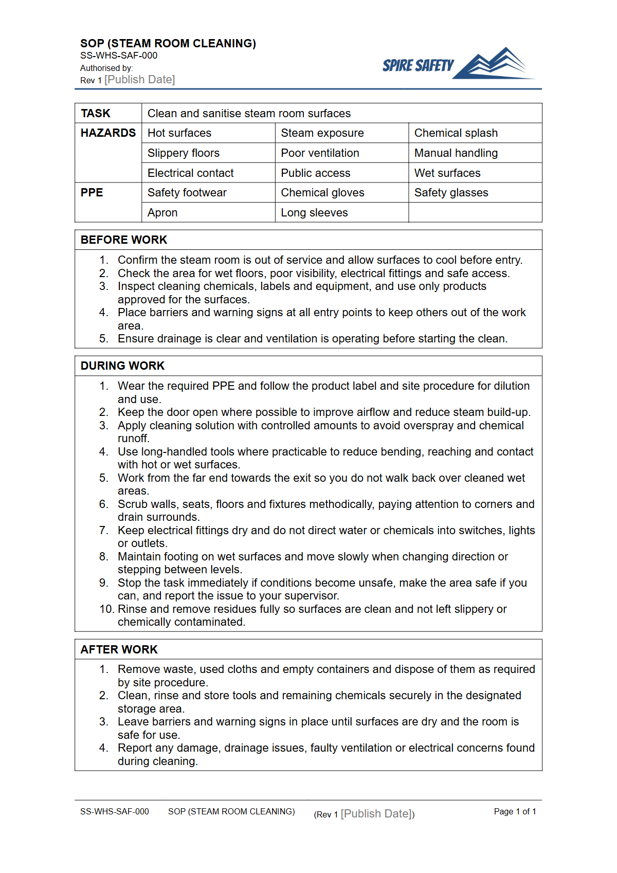 Free Safe Operating Procedure (Steam Room Cleaning) Template — document preview