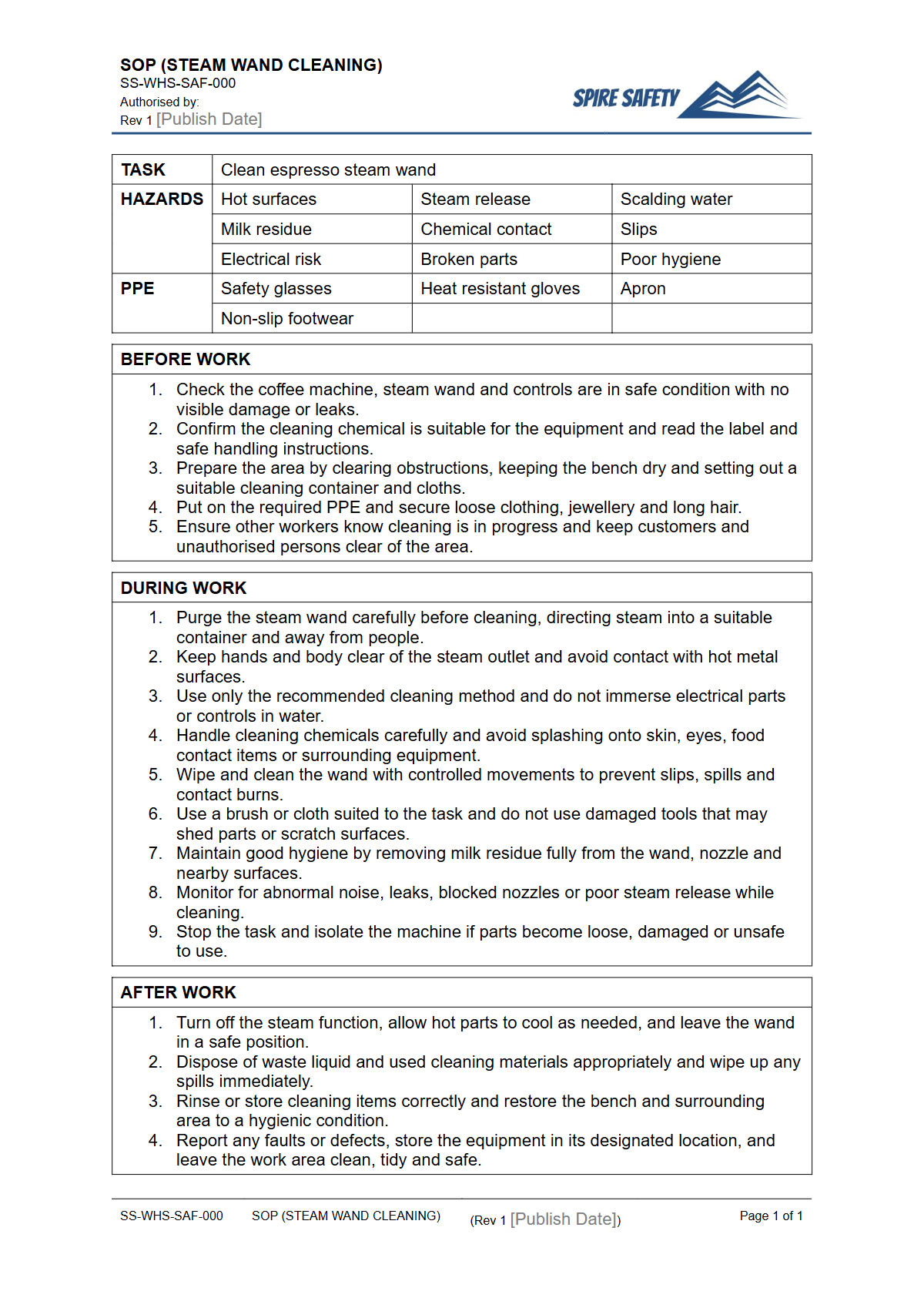 Free Safe Operating Procedure (Steam Wand Cleaning) Template — document preview