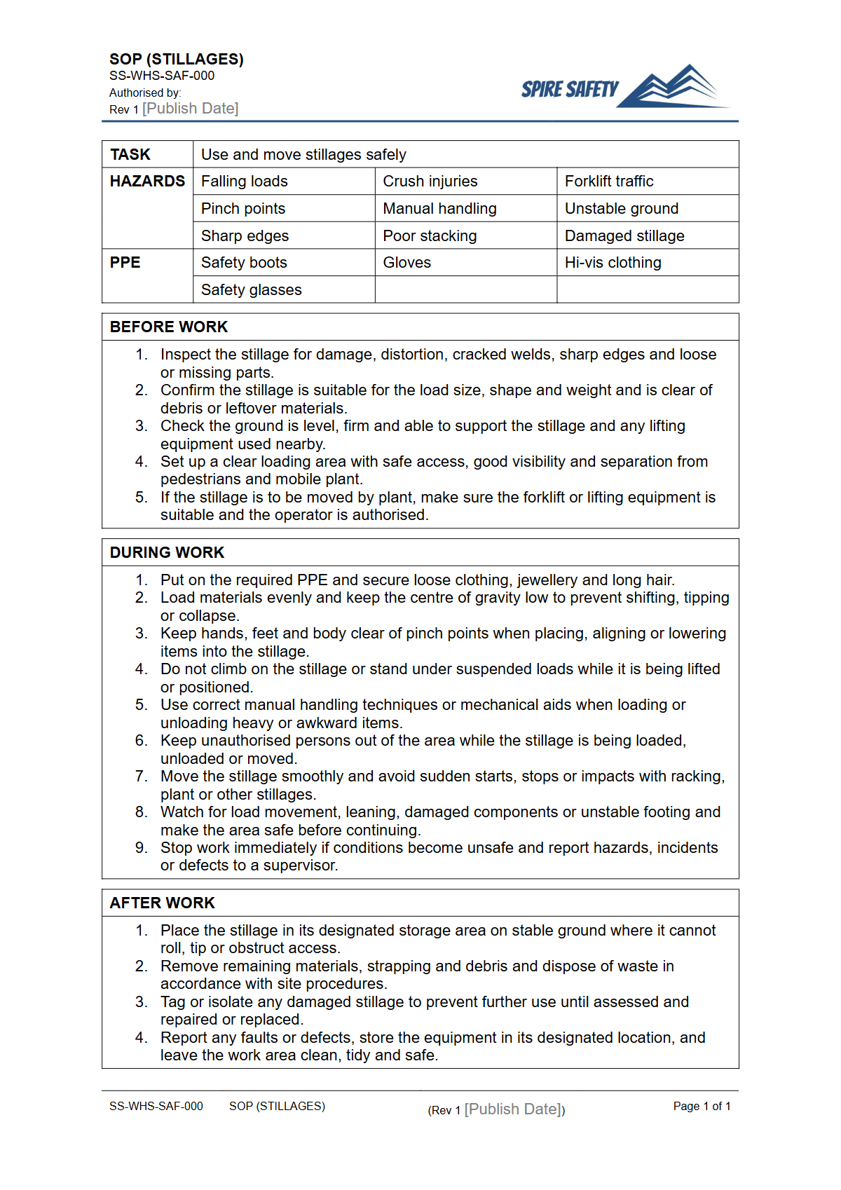Free Safe Operating Procedure (Stillages) Template — document preview