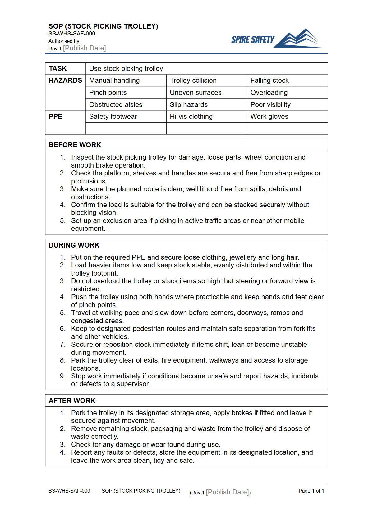 Free Safe Operating Procedure (Stock Picking Trolley) Template — document preview