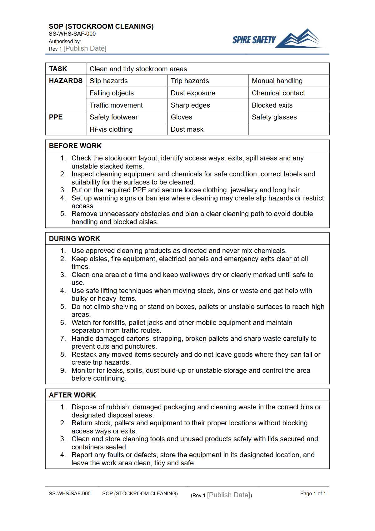 Free Safe Operating Procedure (Stockroom Cleaning) Template — document preview