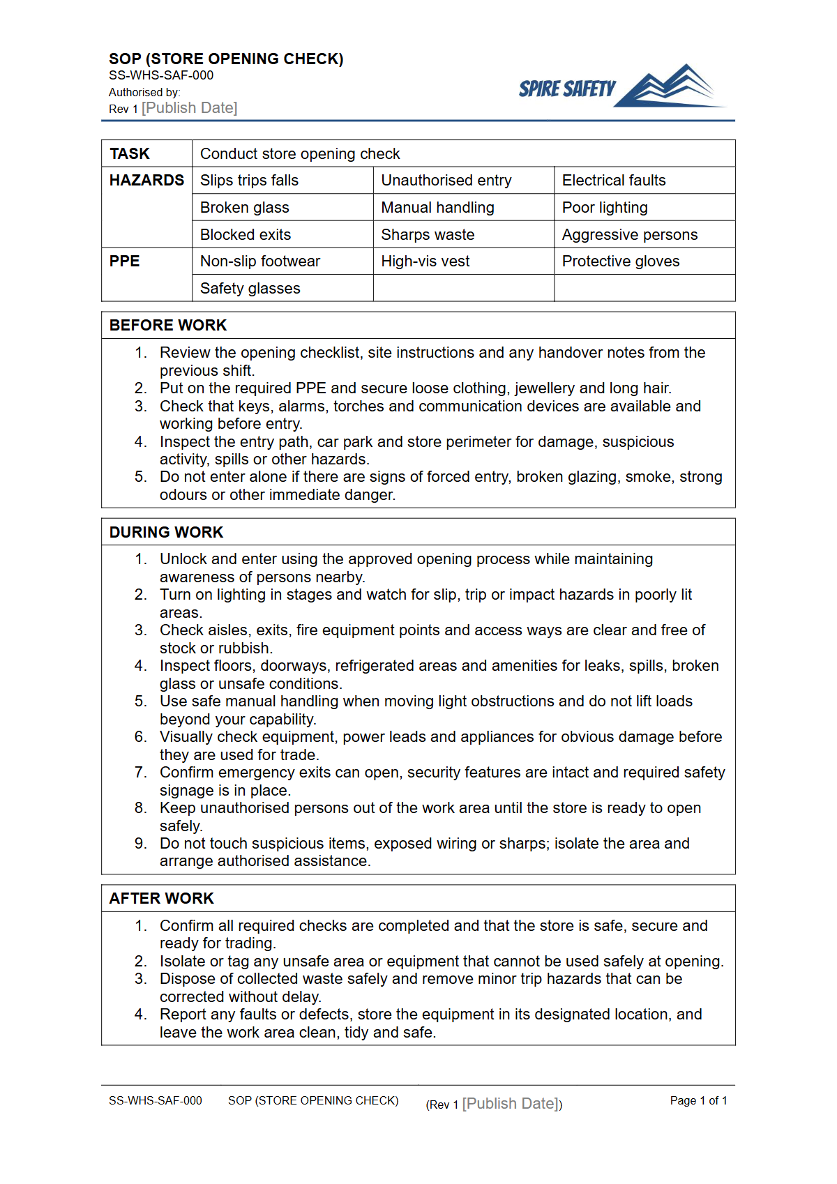 Free Safe Operating Procedure (Store Opening Check) Template — document preview