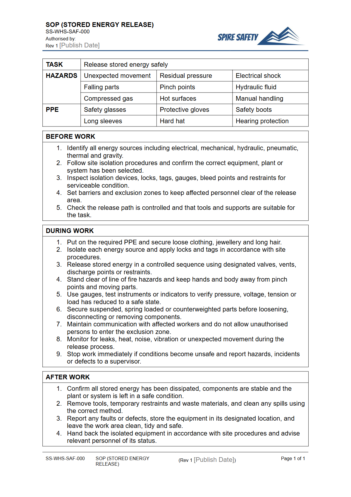 Free Safe Operating Procedure (Stored Energy Release) Template — document preview