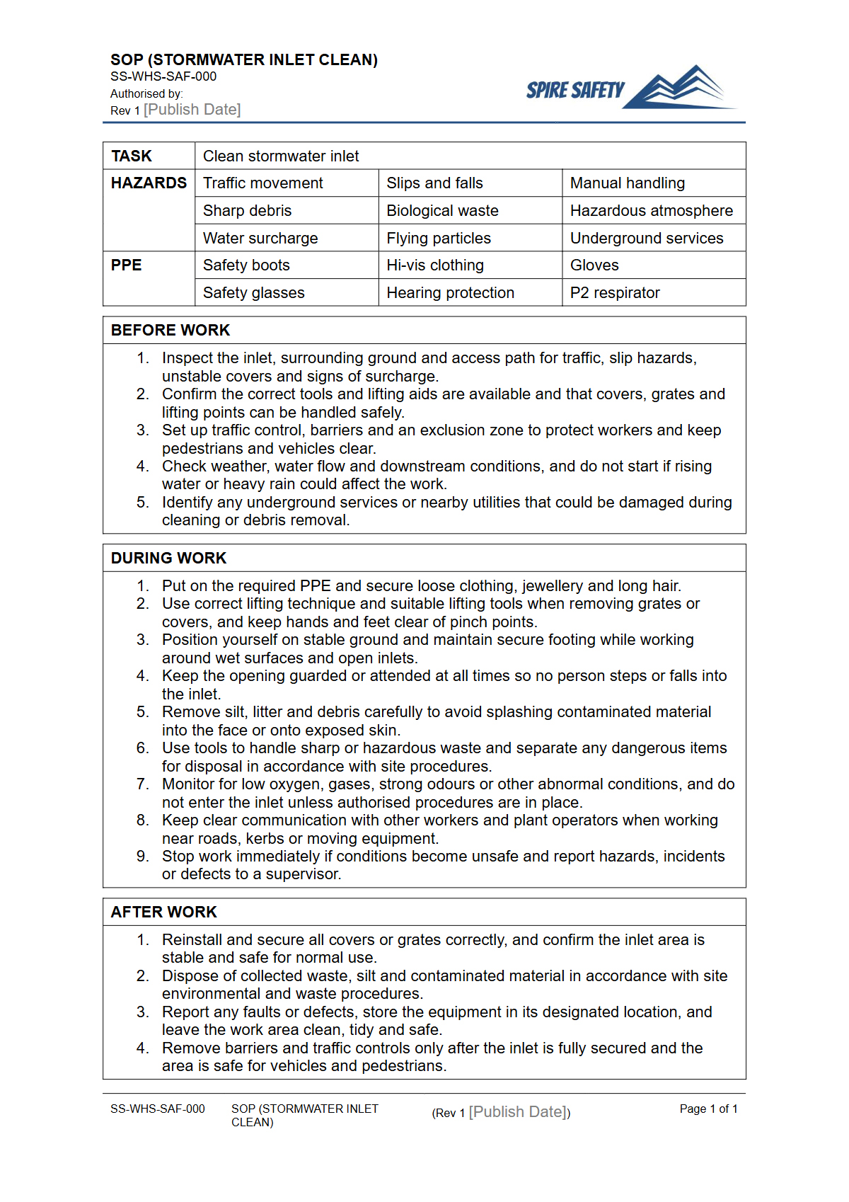 Free Safe Operating Procedure (Stormwater Inlet Clean) Template — document preview