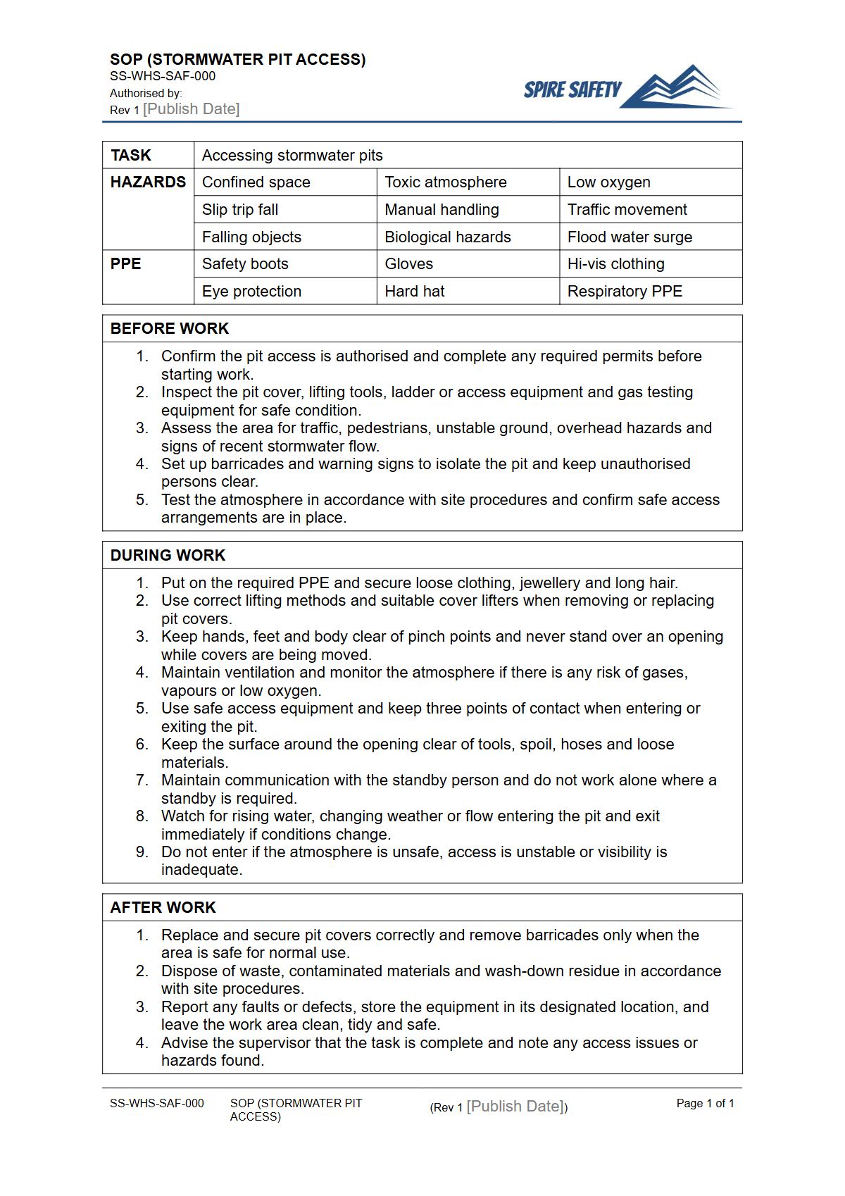Free Safe Operating Procedure (Stormwater Pit Access) Template — document preview