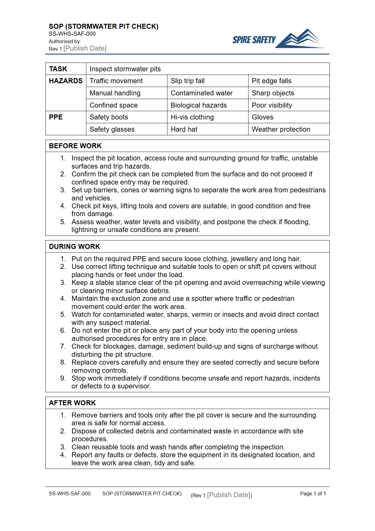 Free Safe Operating Procedure (Stormwater Pit Check) Template — document preview