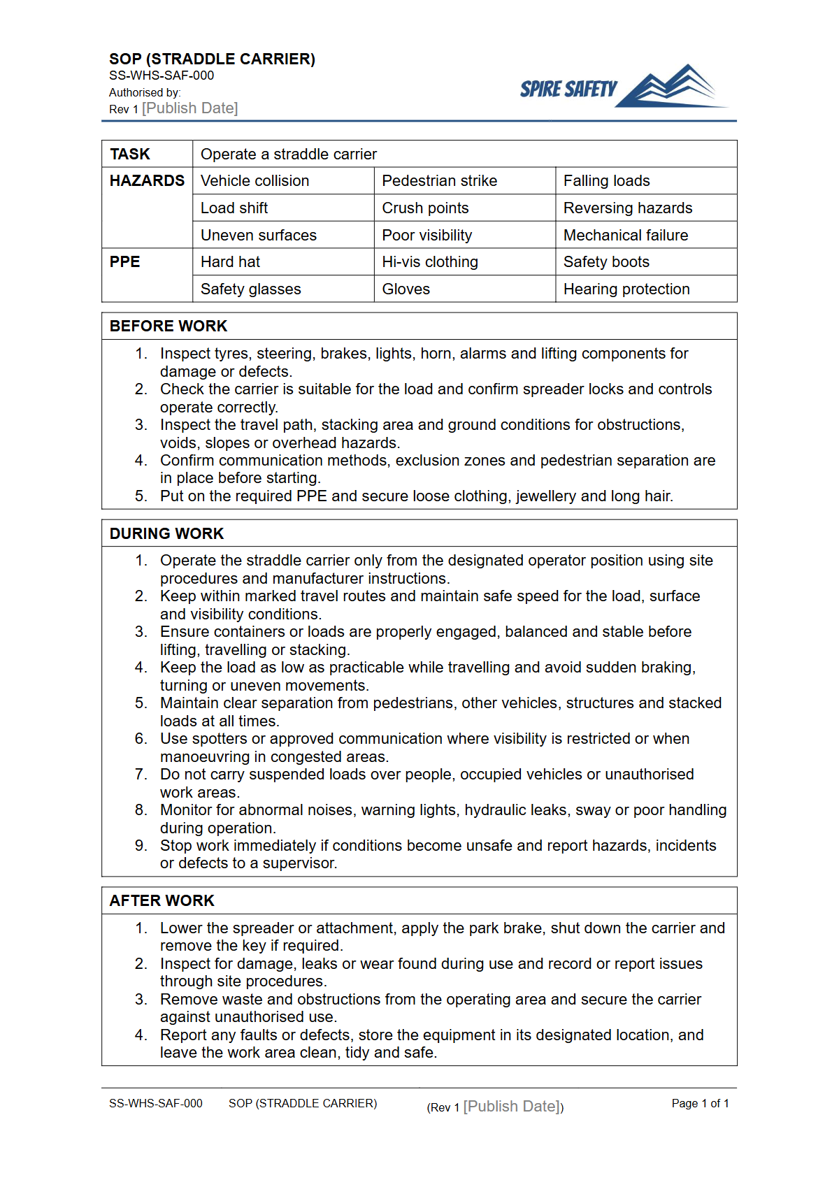 Free Safe Operating Procedure (Straddle Carrier) Template — document preview
