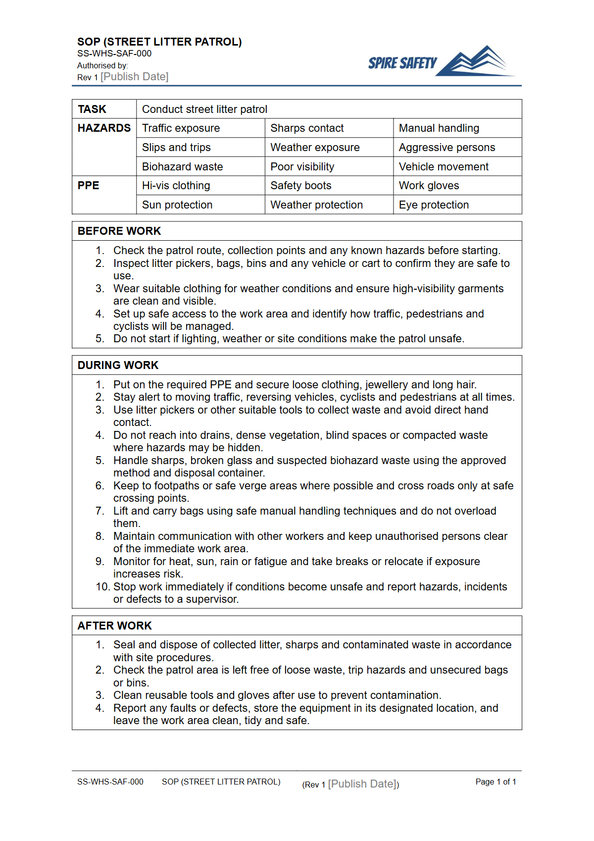 Free Safe Operating Procedure (Street Litter Patrol) Template — document preview