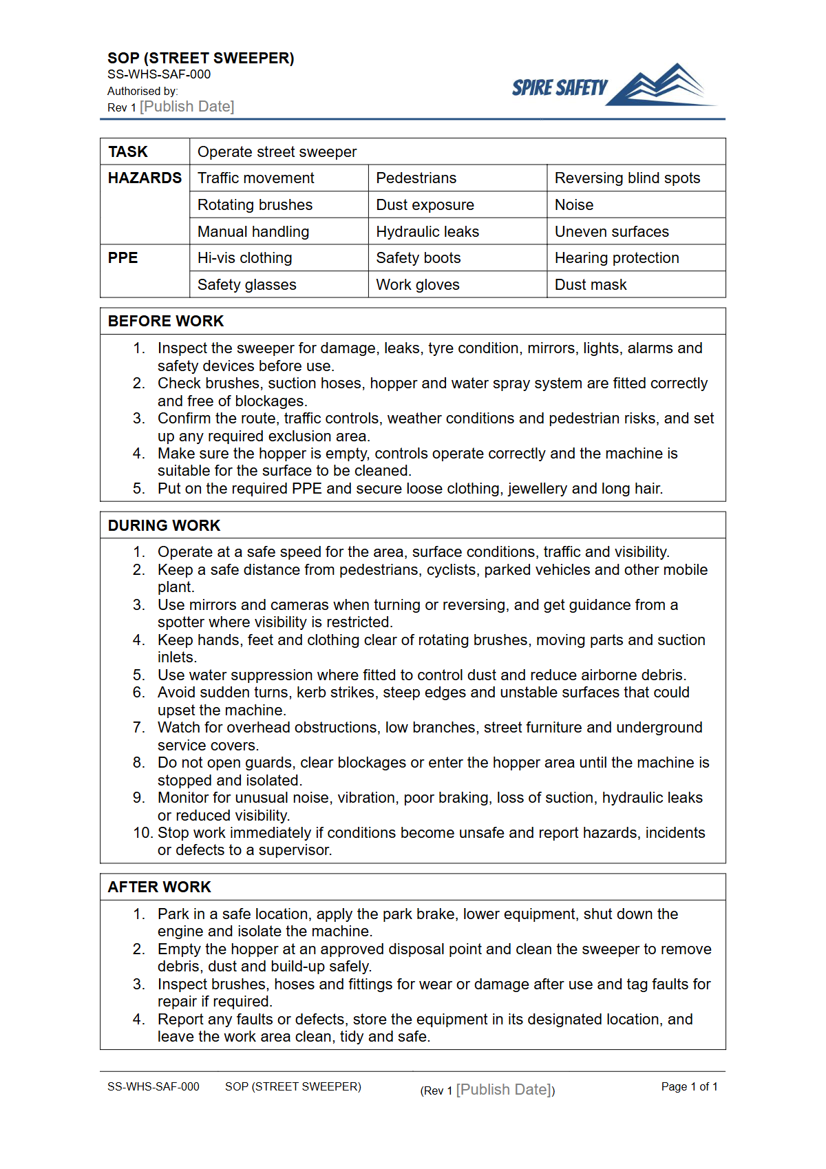Free Safe Operating Procedure (Street Sweeper) Template — document preview