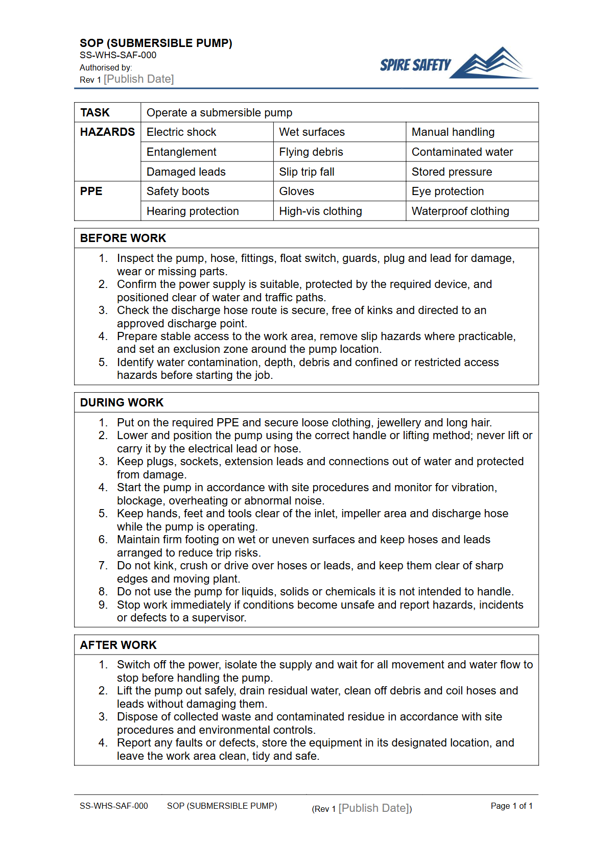 Free Safe Operating Procedure (Submersible Pump) Template — document preview