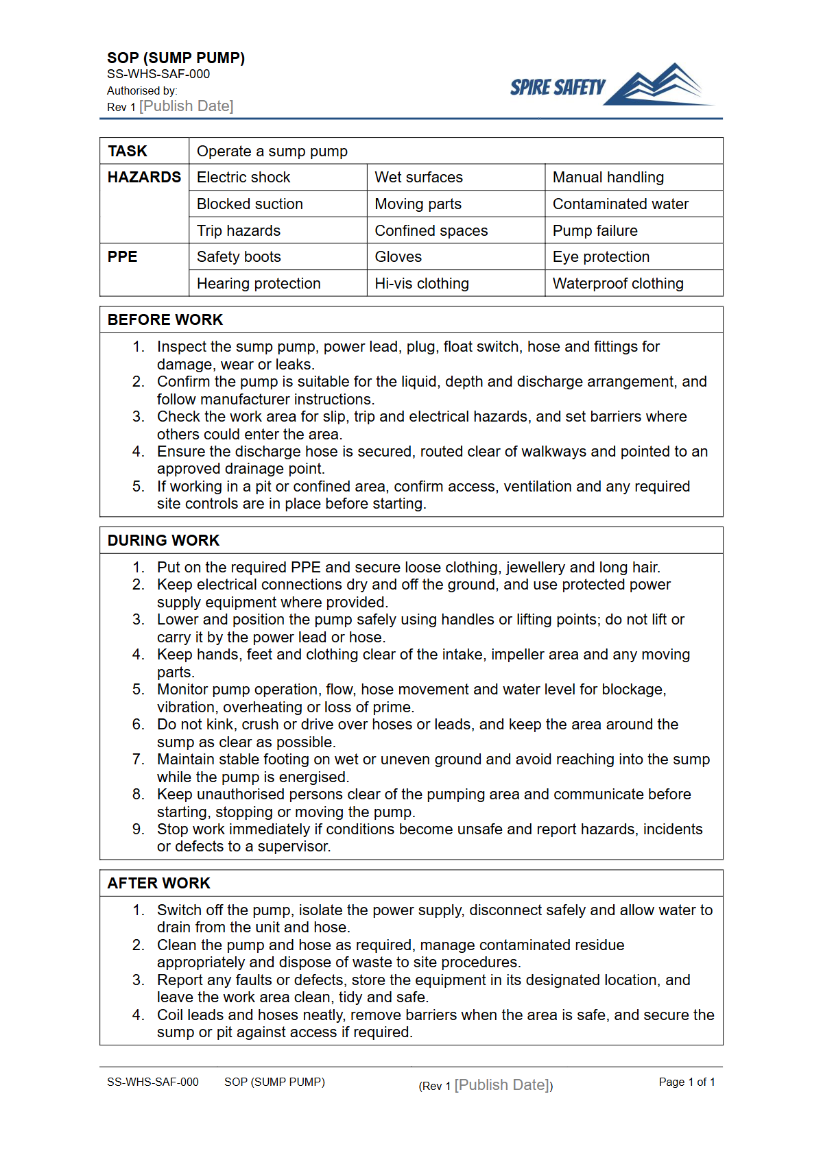 Free Safe Operating Procedure (Sump Pump) Template — document preview